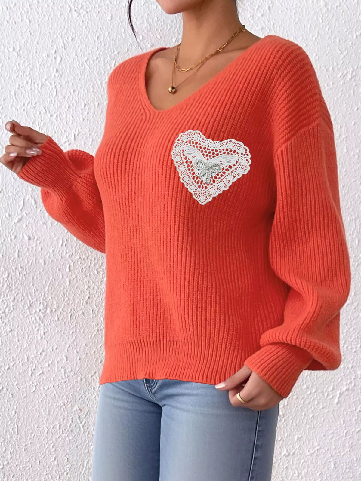 Orange Lace Heart Dropped Shoulder Sweater close-up view