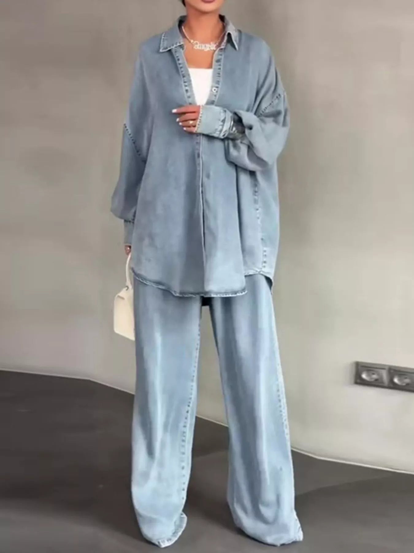 Trendsi Wash Button Up Shirt and Wide-Leg Pants Denim Set -