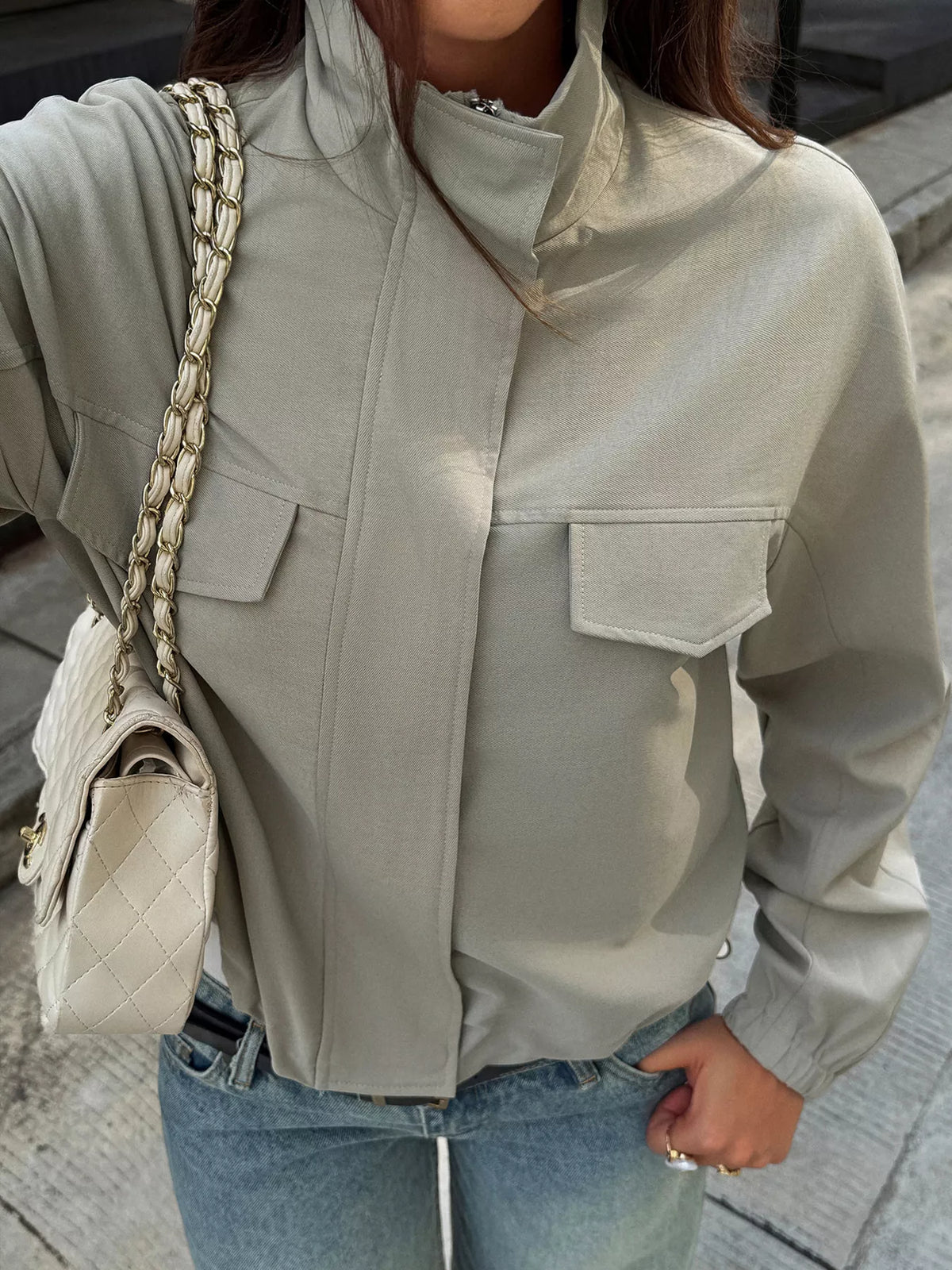 Stand Collar Zip Up Jacket in gray, front view