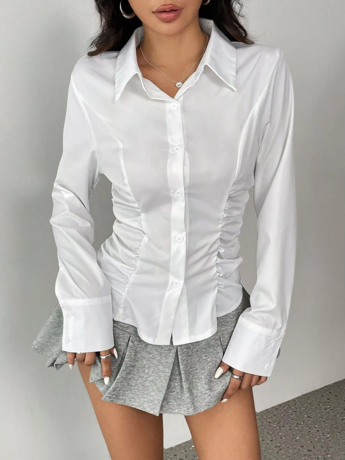 Ruched button shirt, white front