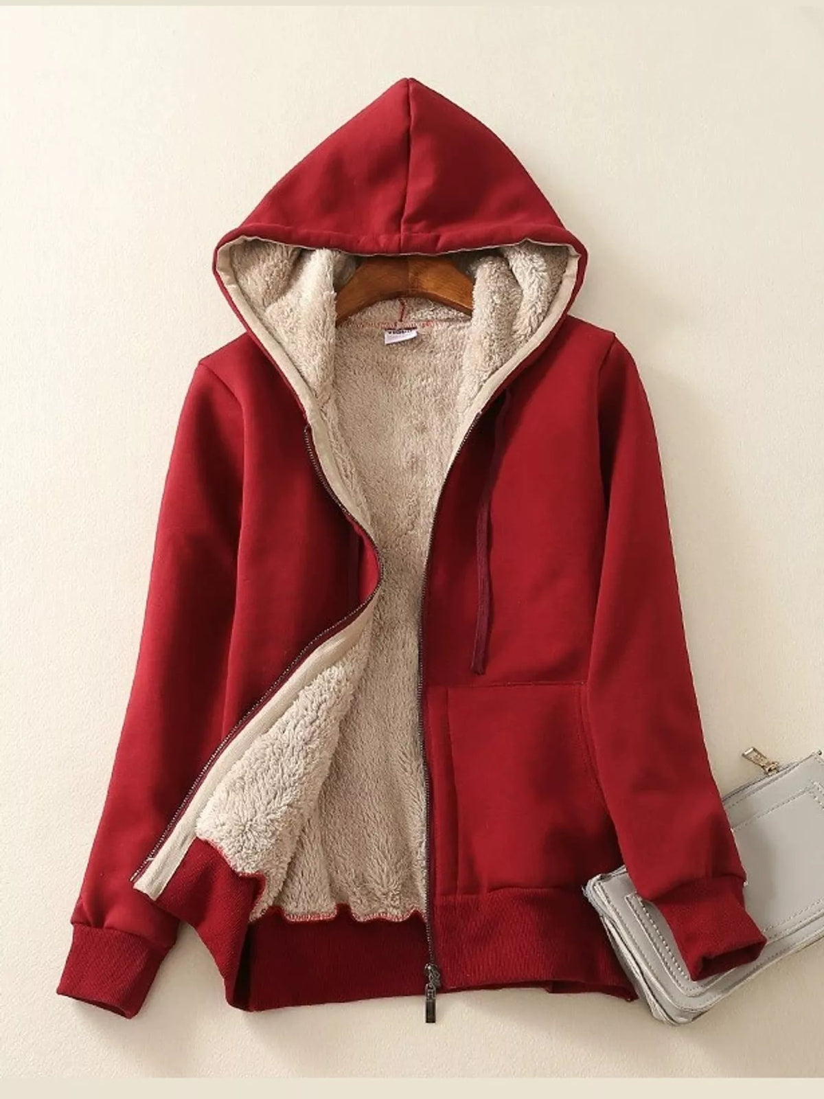 Fleece-Lined Thermal Zip-Up Hoodie in red, front view