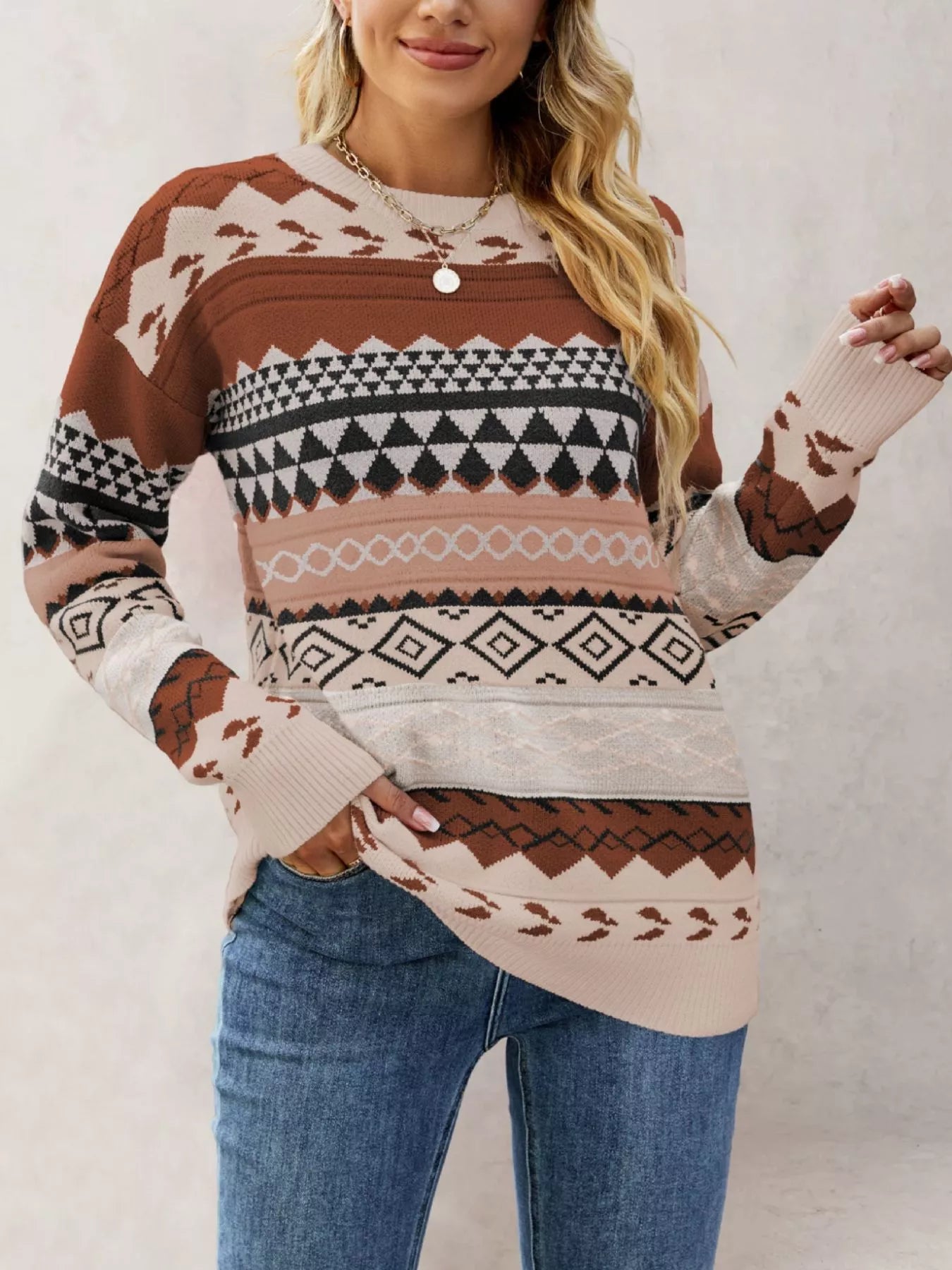 Trendsi Geometric Pattern Dropped Shoulder Sweater -