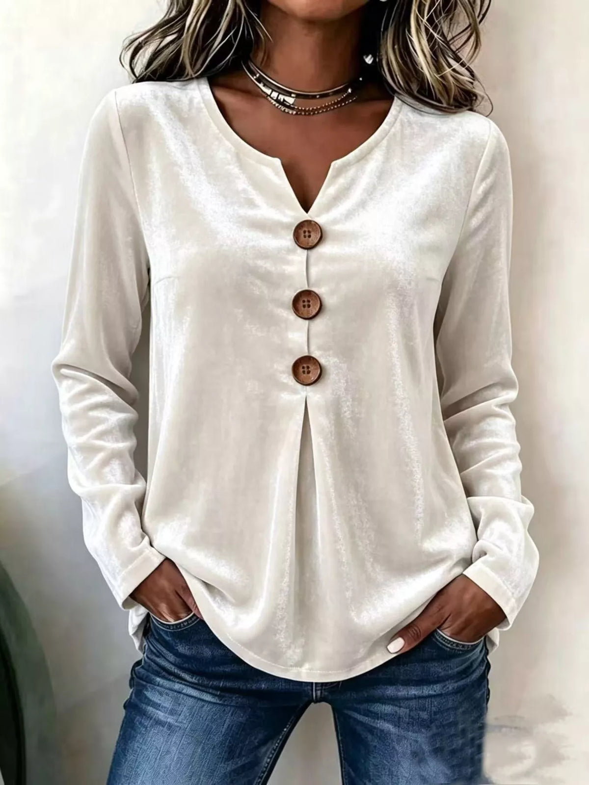 Velvet V-Neck Long Sleeve Button-Decor Blouse, front view