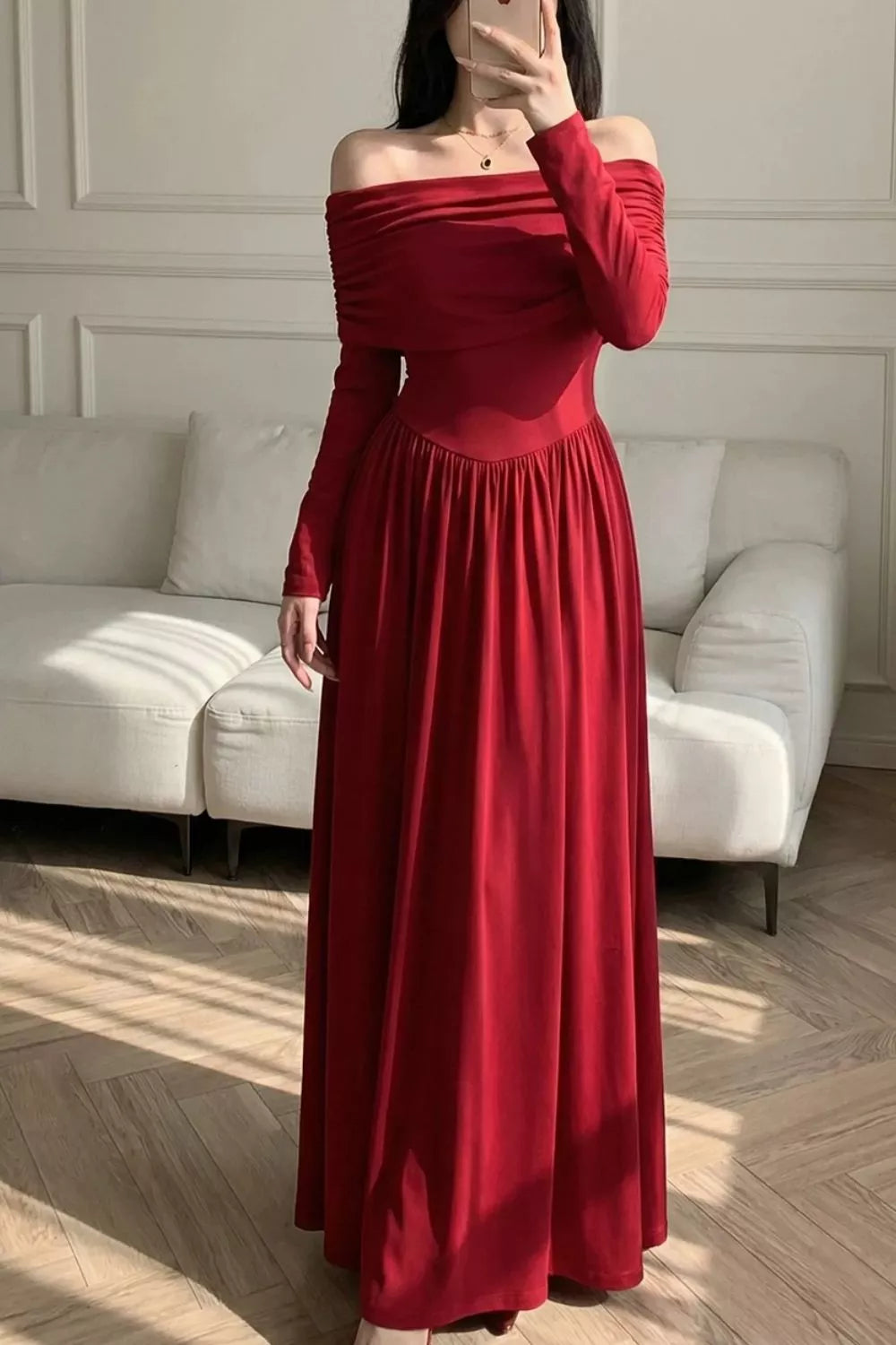 Trendsi Off-Shoulder Ruched Bodycon Maxi Dress -