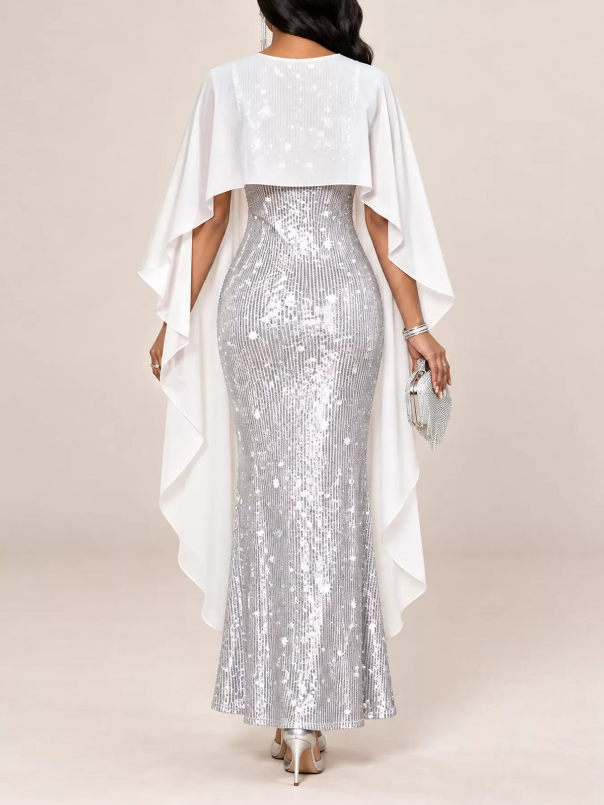 Women's Sequin Cape Overlay Evening Dress in silver — back view