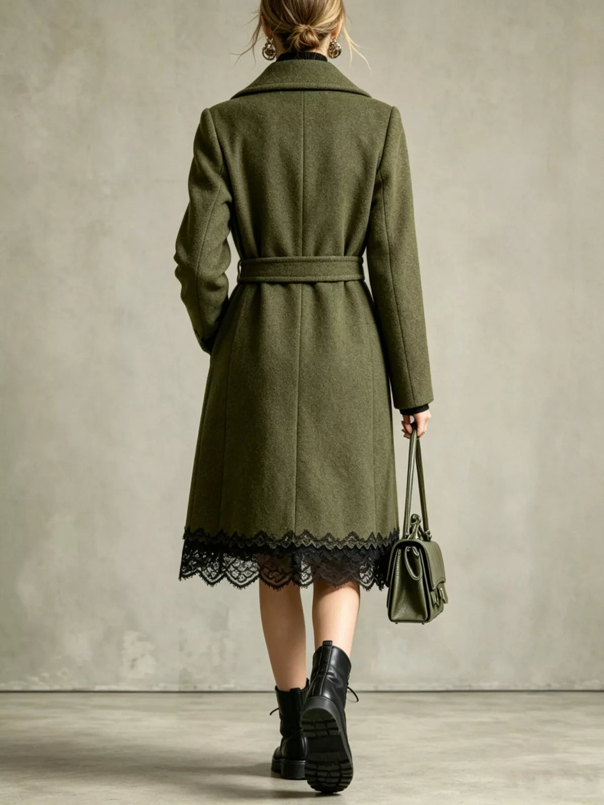 Olive lace-hem tie-waist coat, back view