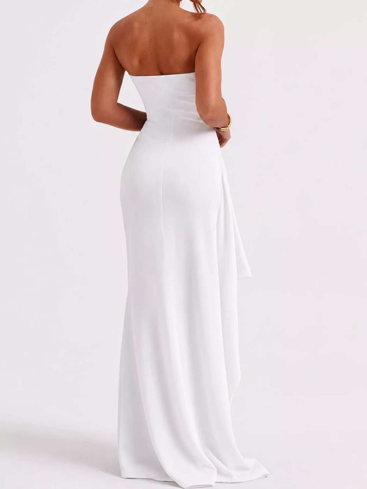 White strapless high slit bodycon maxi evening dress, back view