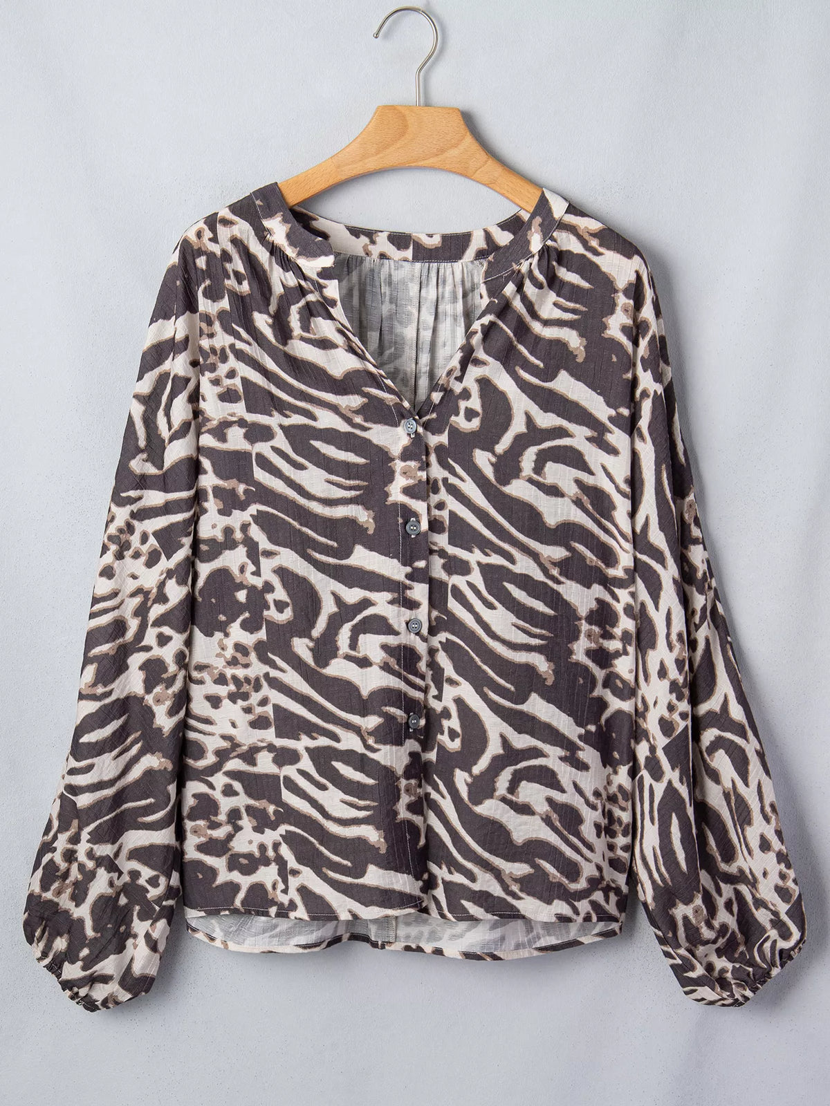 Leopard Print V Neck Button Down Balloon Sleeve Shirt in dark brown, front view