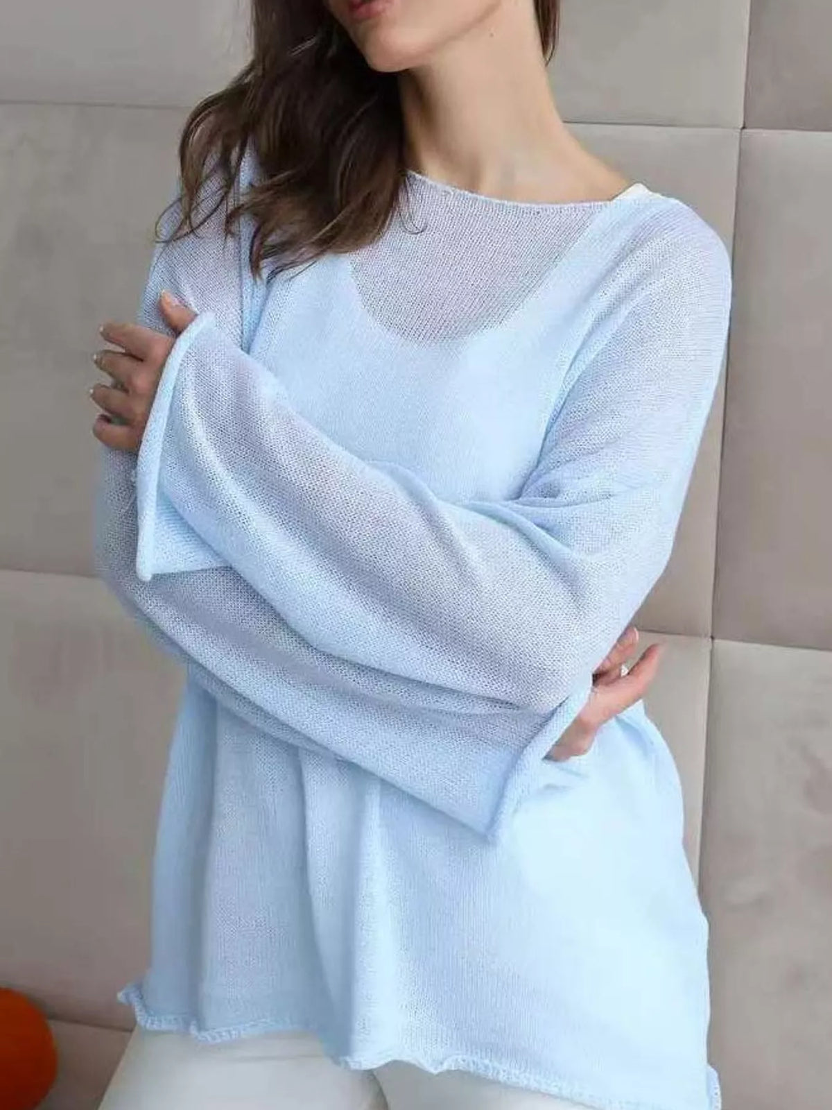 Light blue sheer openwork knit long sleeve top