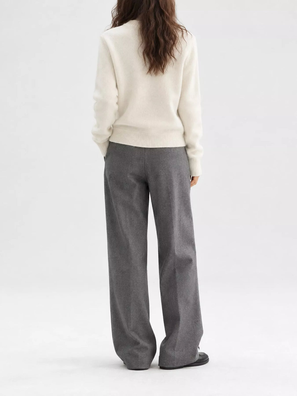 Button-Down Knit Crew Neck Cardigan, back view in cream
