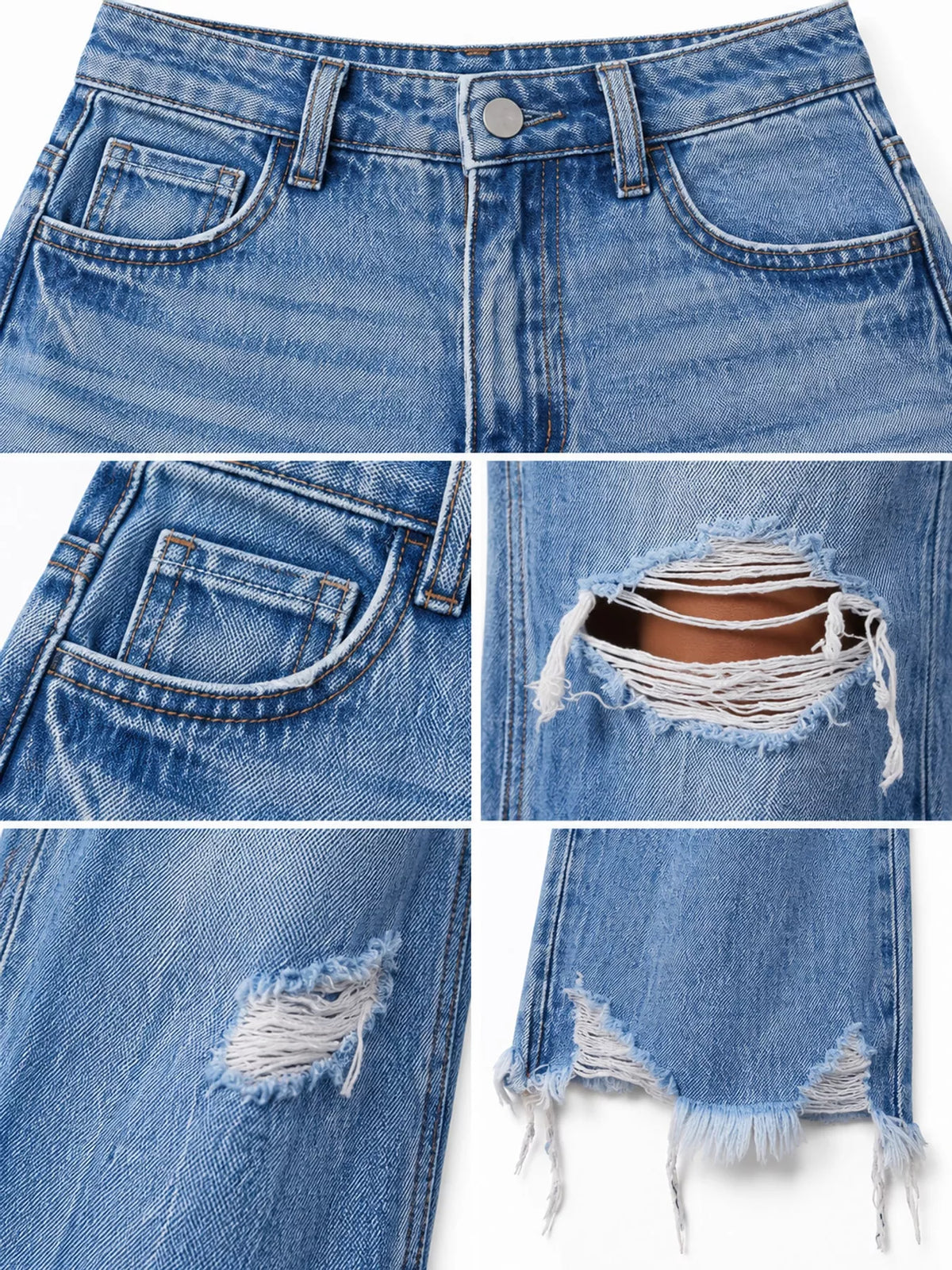 Blue distressed flare jeans — design and construction details