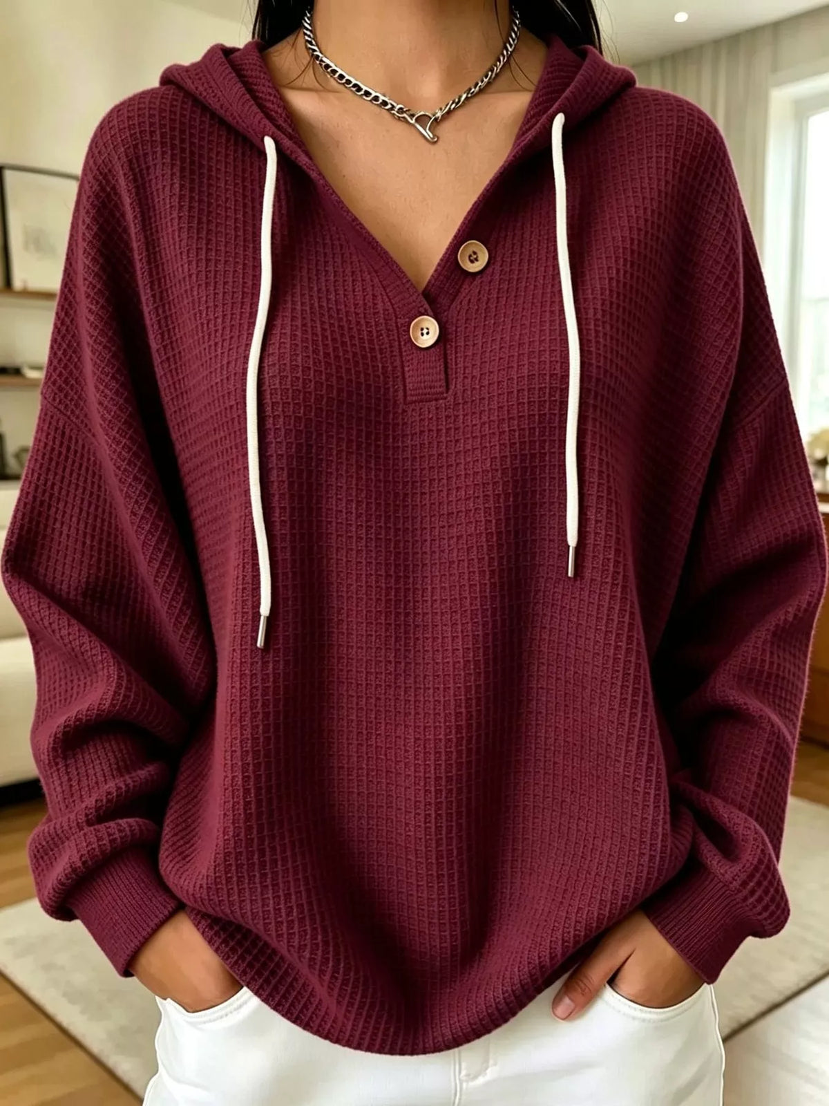 Waffle-knit hoodie, burgundy front