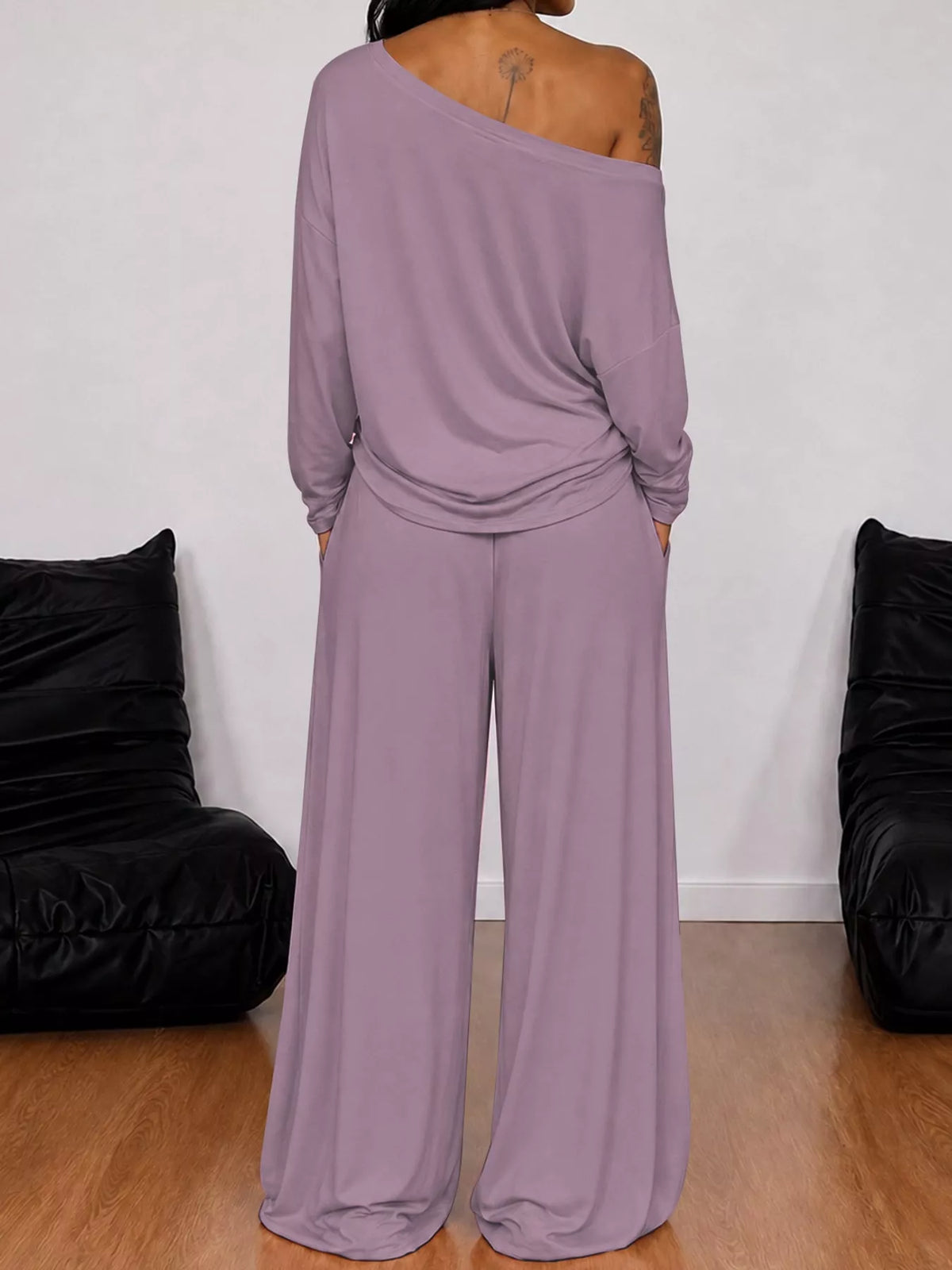 Off-Shoulder Striped Long Sleeve Top and Wide Leg Pants Set, back view in purple