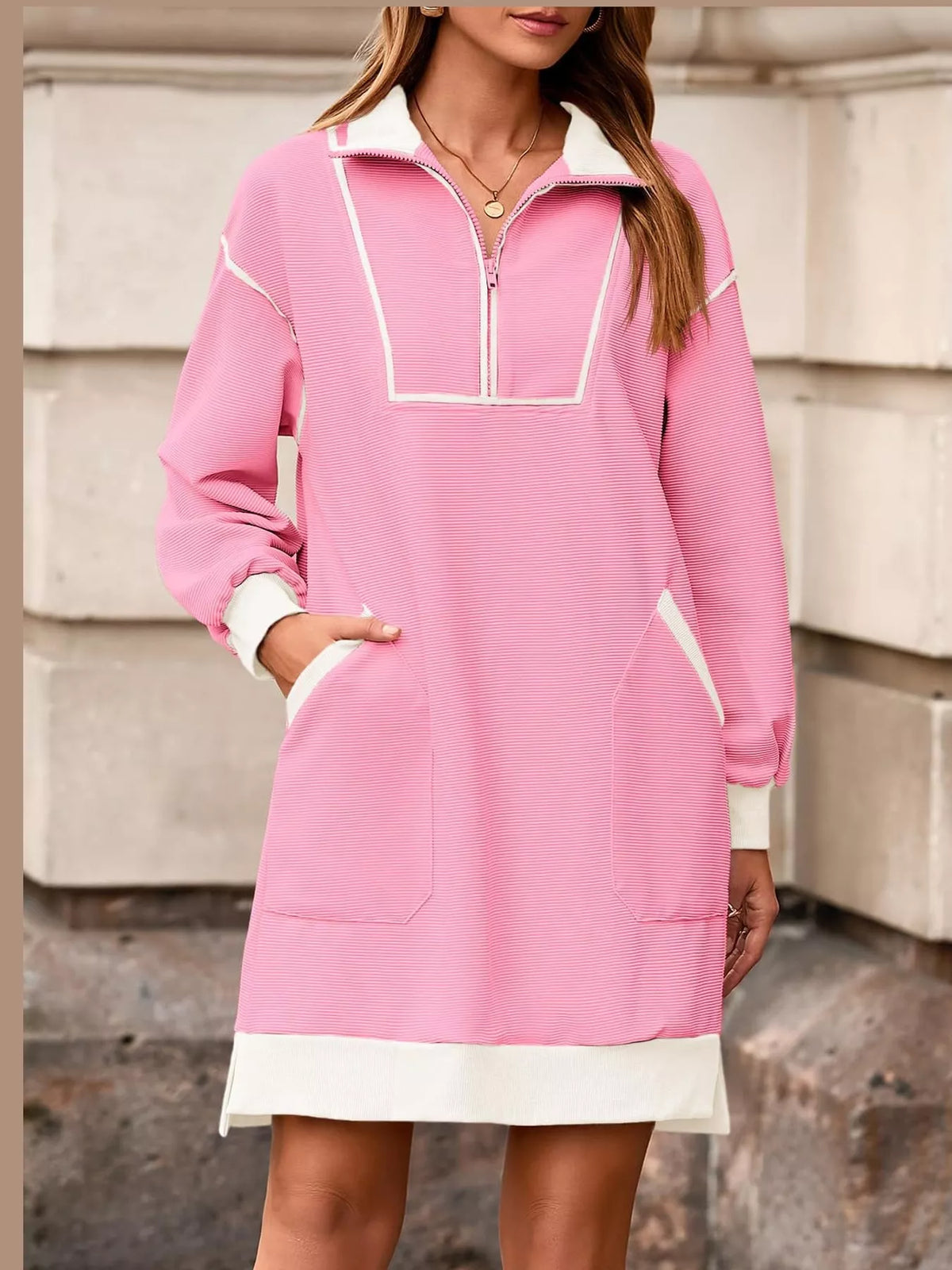 Pink color block quarter-zip sweatshirt dress — front view