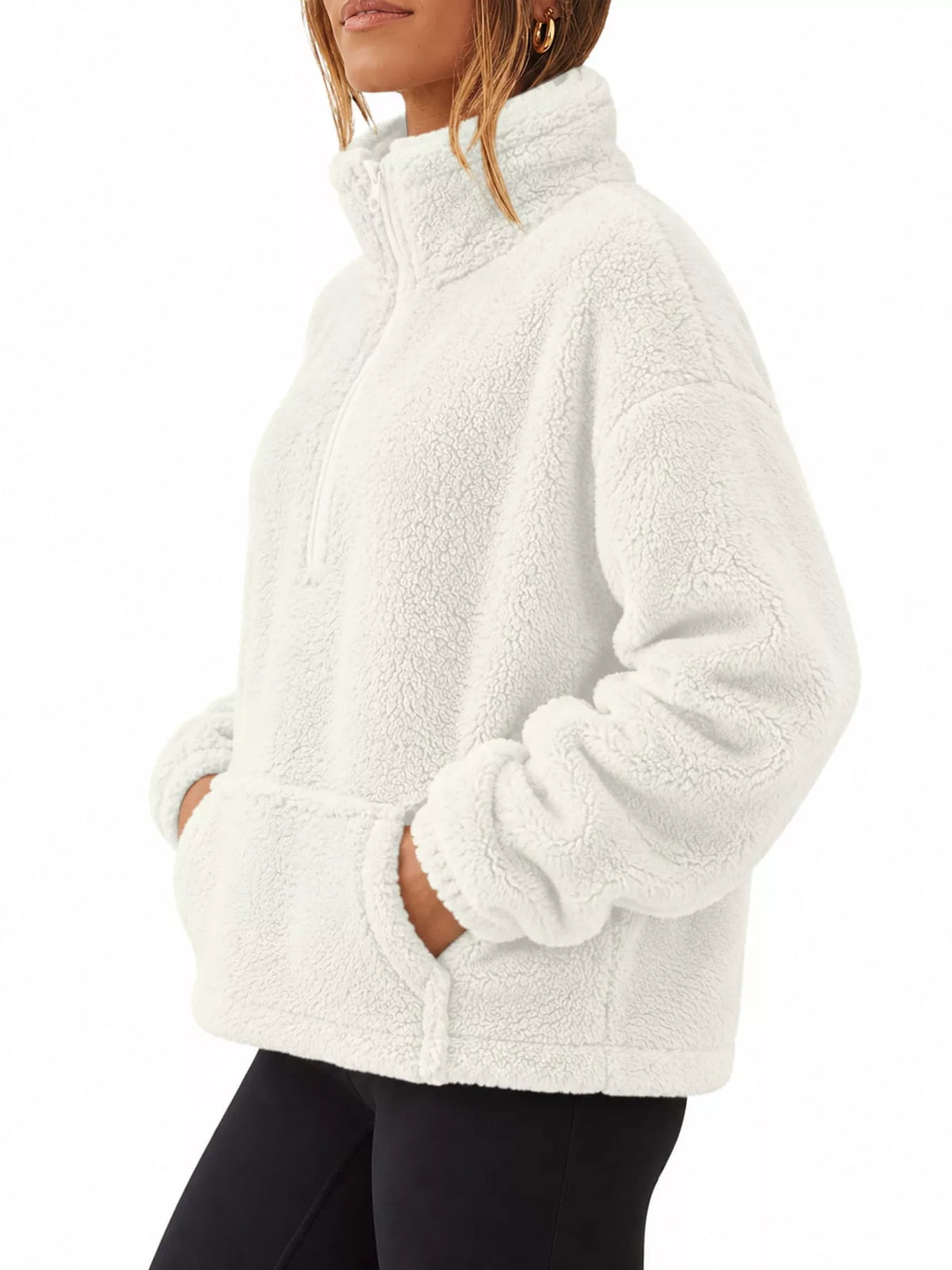 Sherpa quarter-zip sweatshirt, white angled front