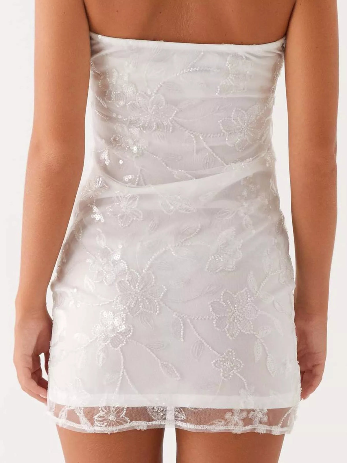 strapless mini dress, back view