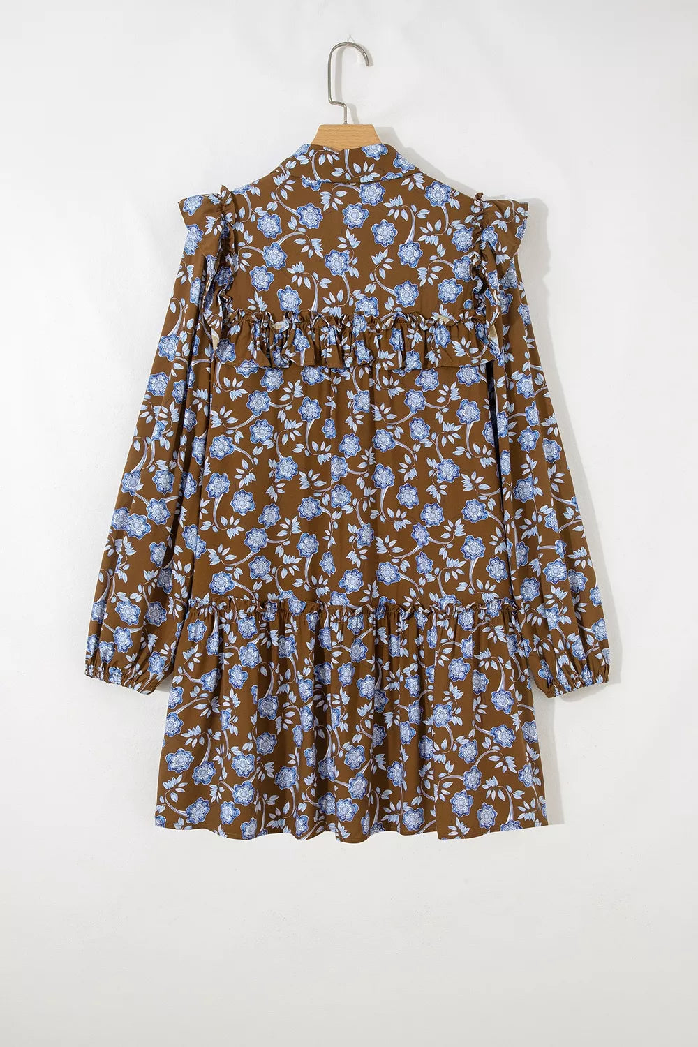 Trendsi Floral Print Ruffled Detail Shirt Collar Button Down Long Sleeve Dress -