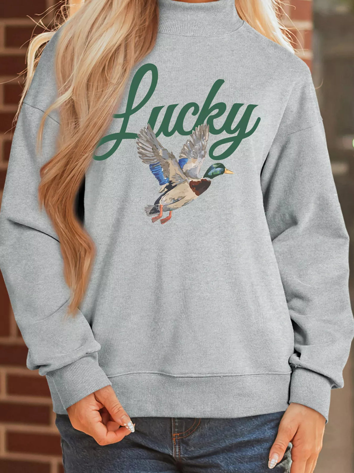 Lucky Mallard Graphic Crew Neck Sweatshirt in gray, front view