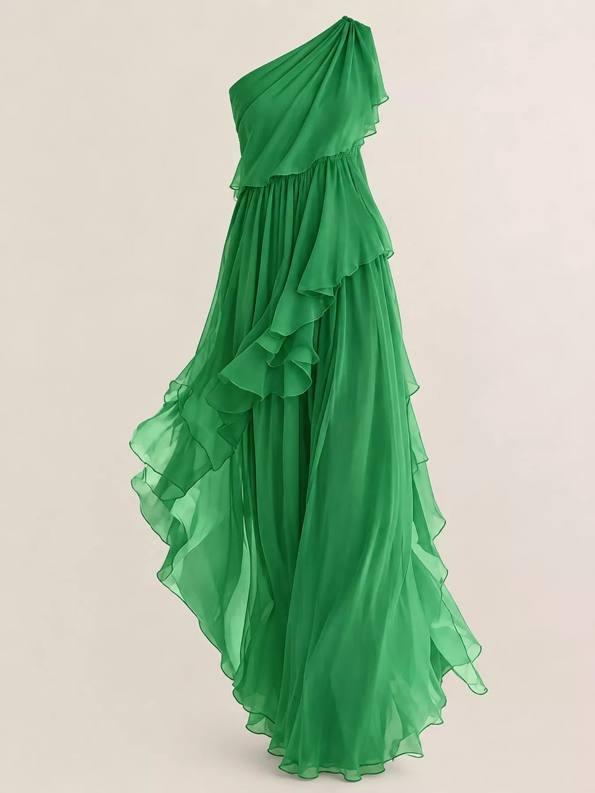 Women's One-Shoulder Ruffled Chiffon Maxi Dress in green — flat lay view