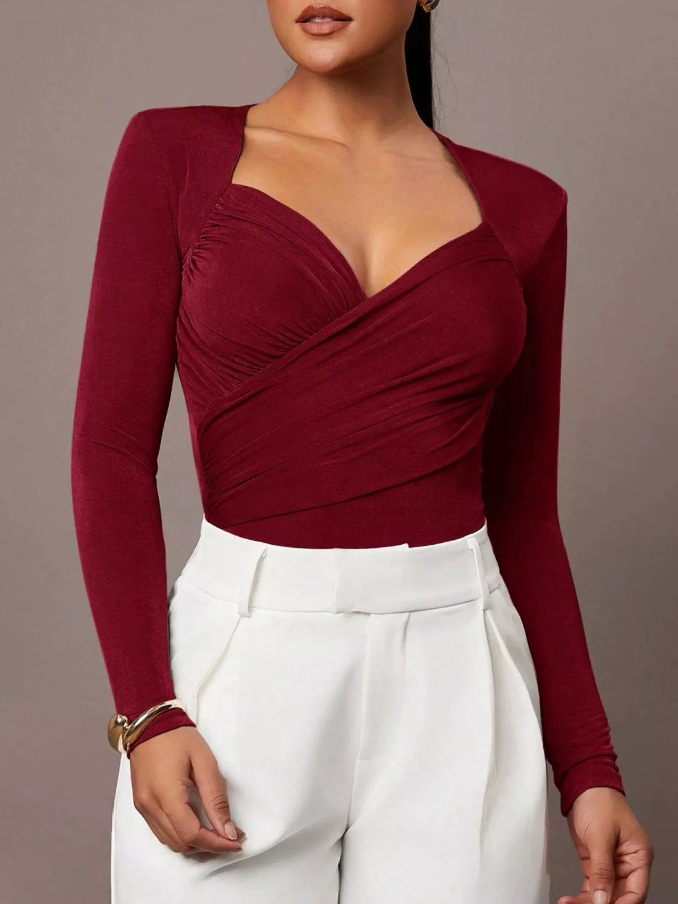 Trendsi Ruched Surplice Long Sleeve Bodysuit -