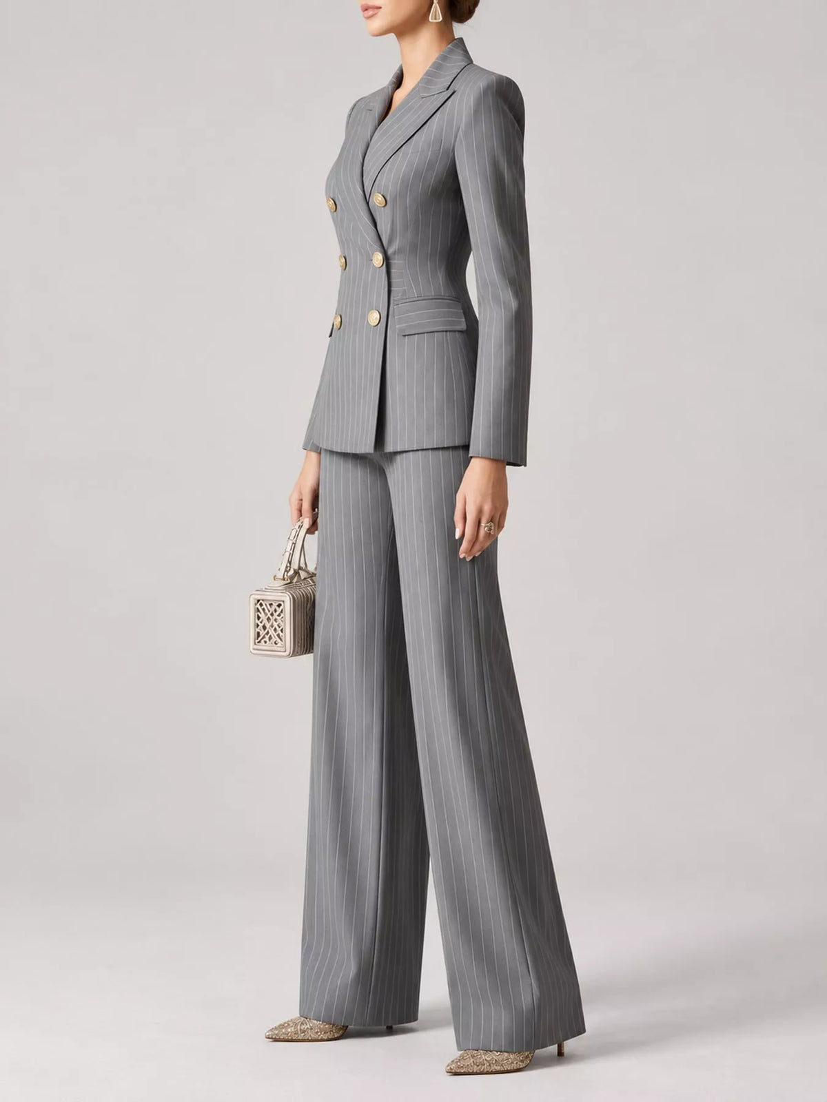 Pinstripe pantsuit, gray suit side