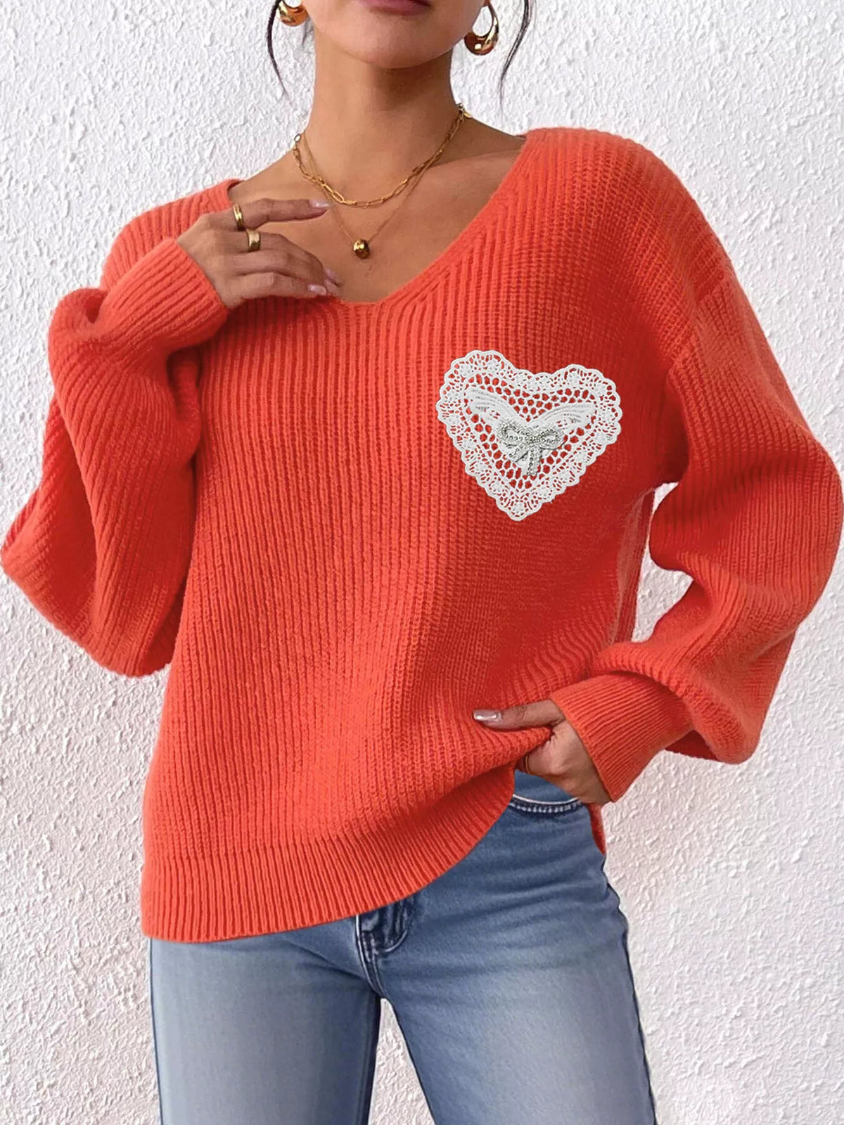 Orange Lace Heart Dropped Shoulder Sweater front view