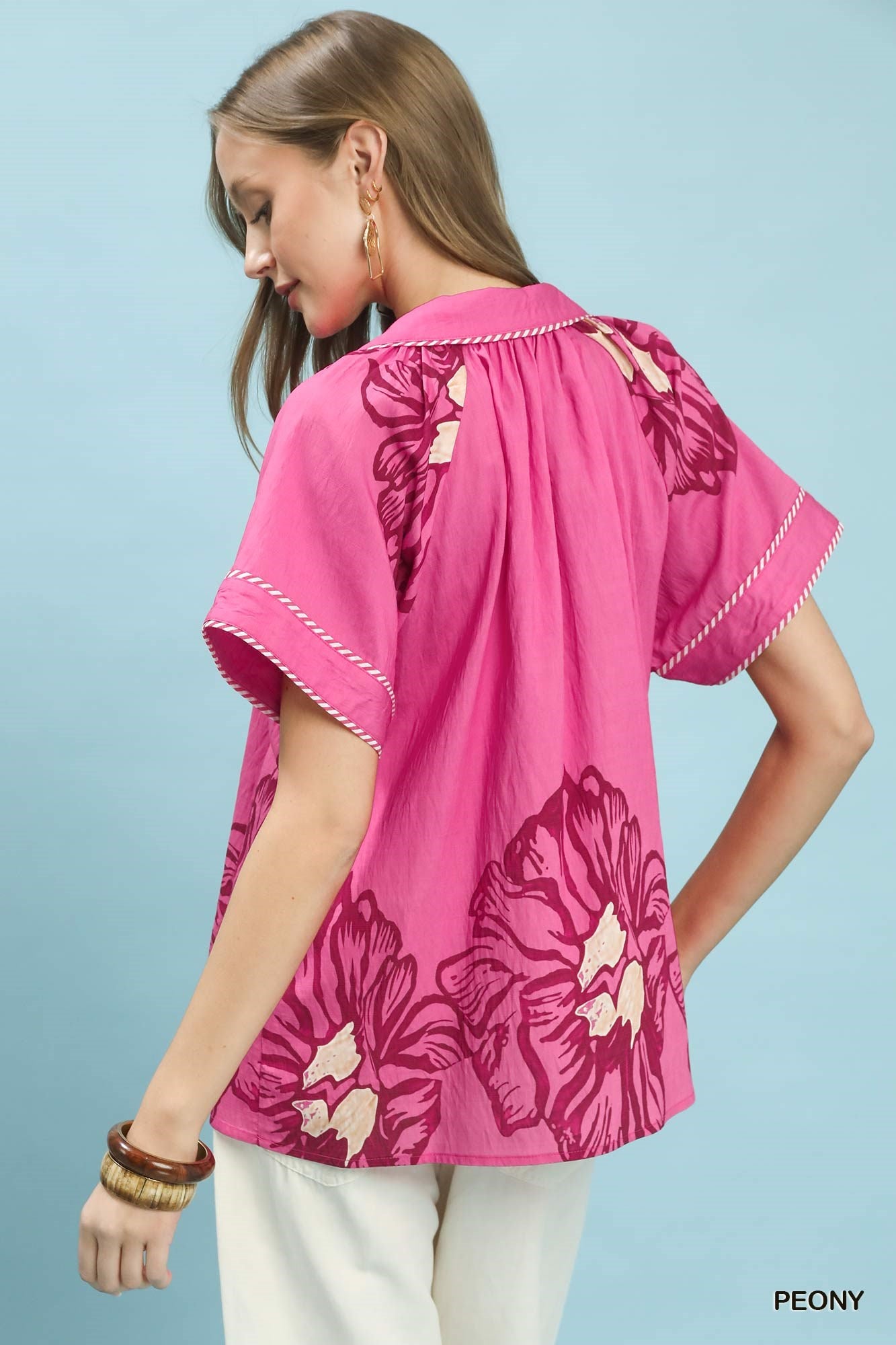 Women's Floral Split-Neck Short Sleeve Rayon Blend Top — product view 3