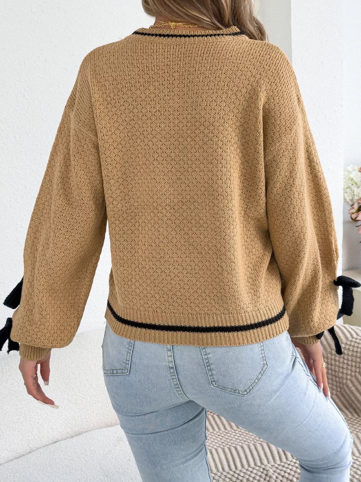 Khaki Color contrast bow-tie sleeve crew neck sweater, back view