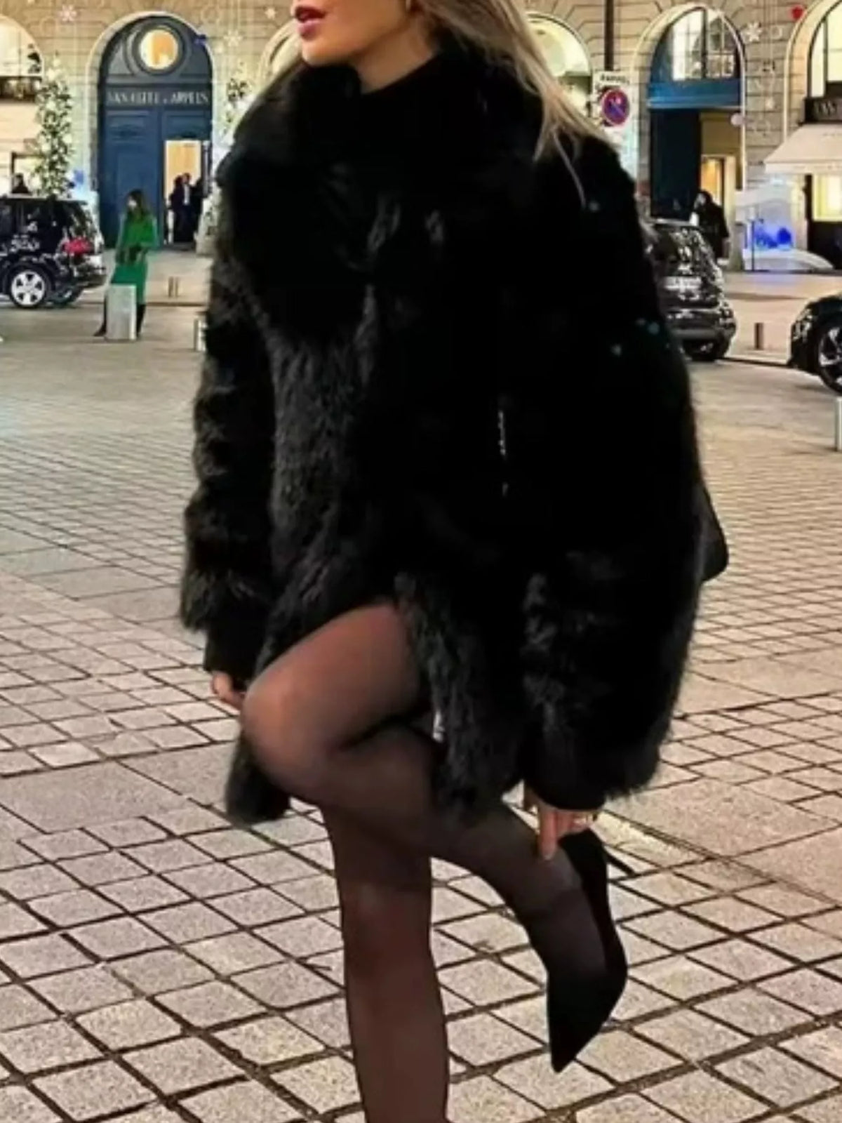 Faux Fur Long Sleeve Coat in black