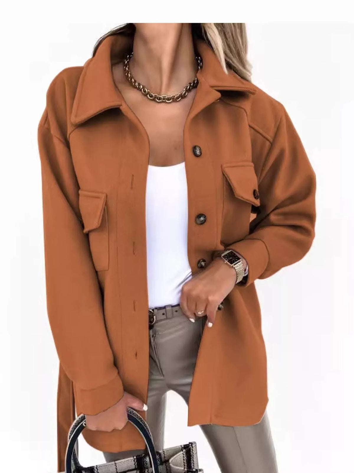 Belted Button-Down Shirt Jacket — front view