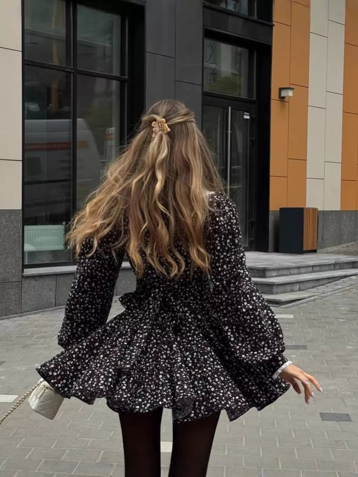 Black Floral Puff-Sleeve Button-Front Midi Dress back lifestyle view