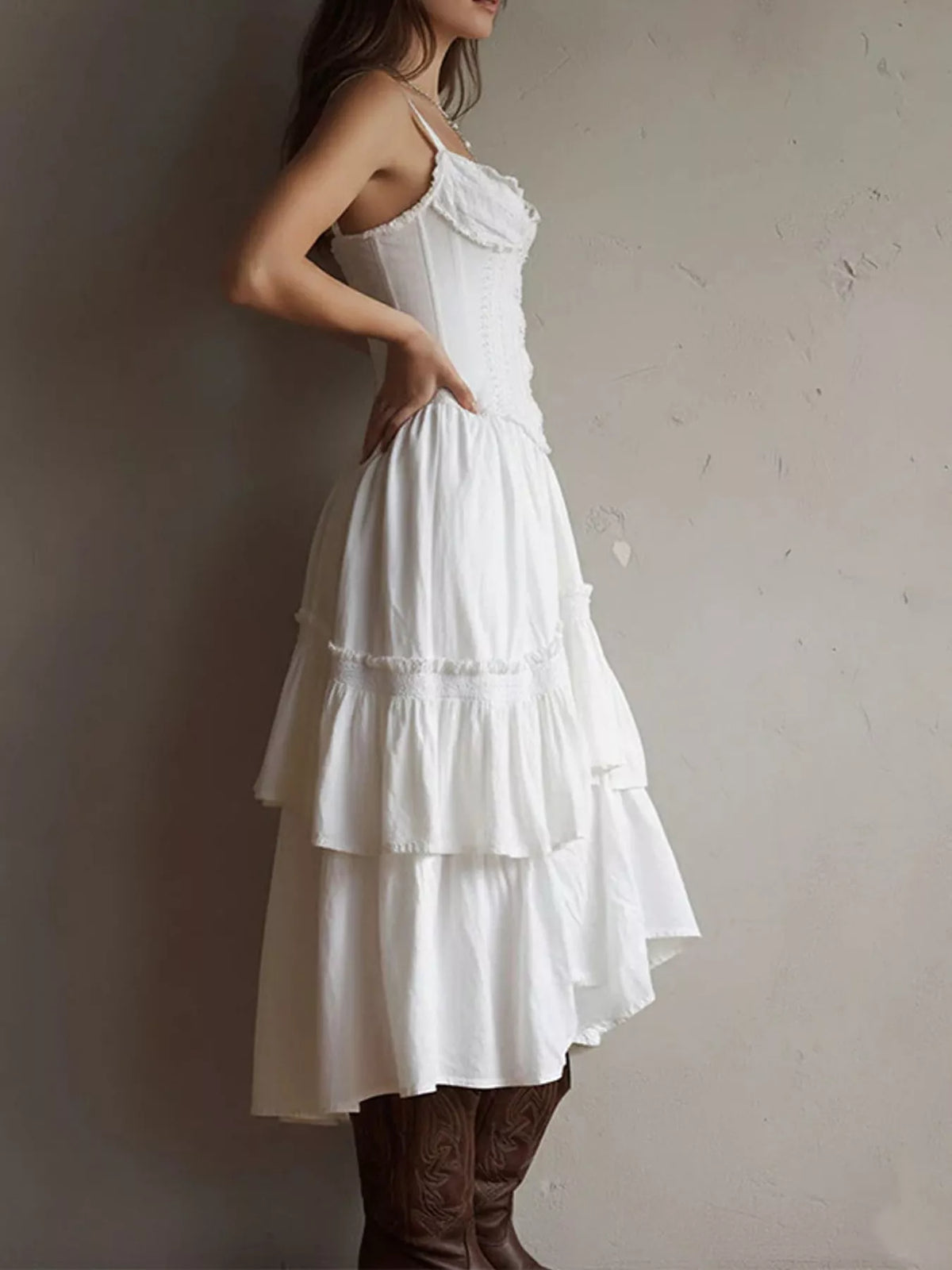 Layered Ruffle Midi Dress in white