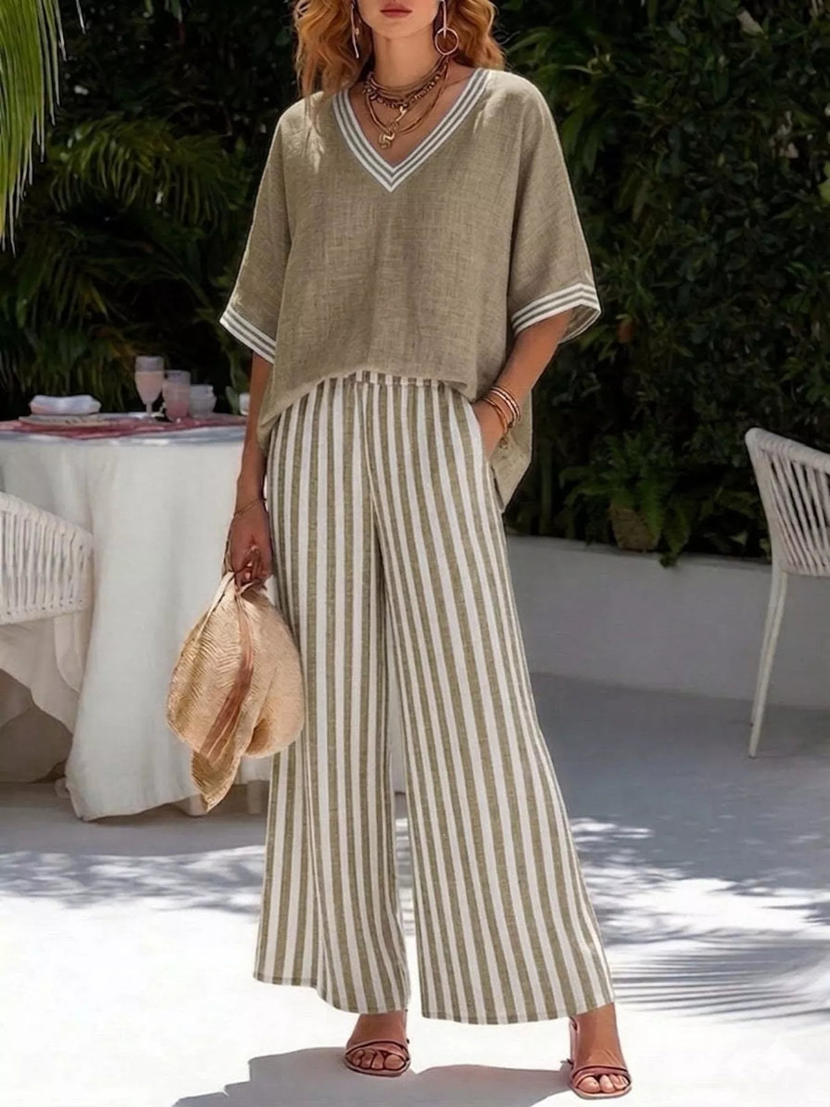 Taupe v-neck striped top and pants two-piece set — front view