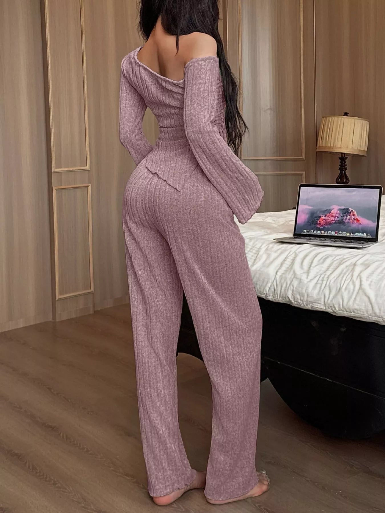 Trendsi One-Shoulder Ribbed Knit Top and Pants Set -