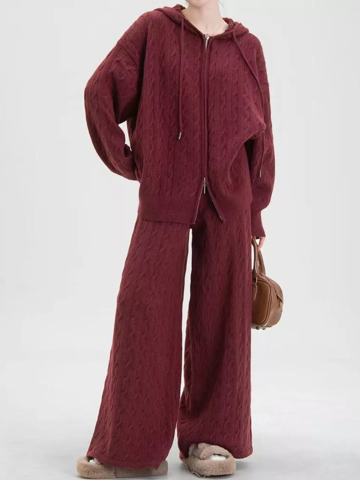 Cable-knit cardigan and pants set, burgundy front