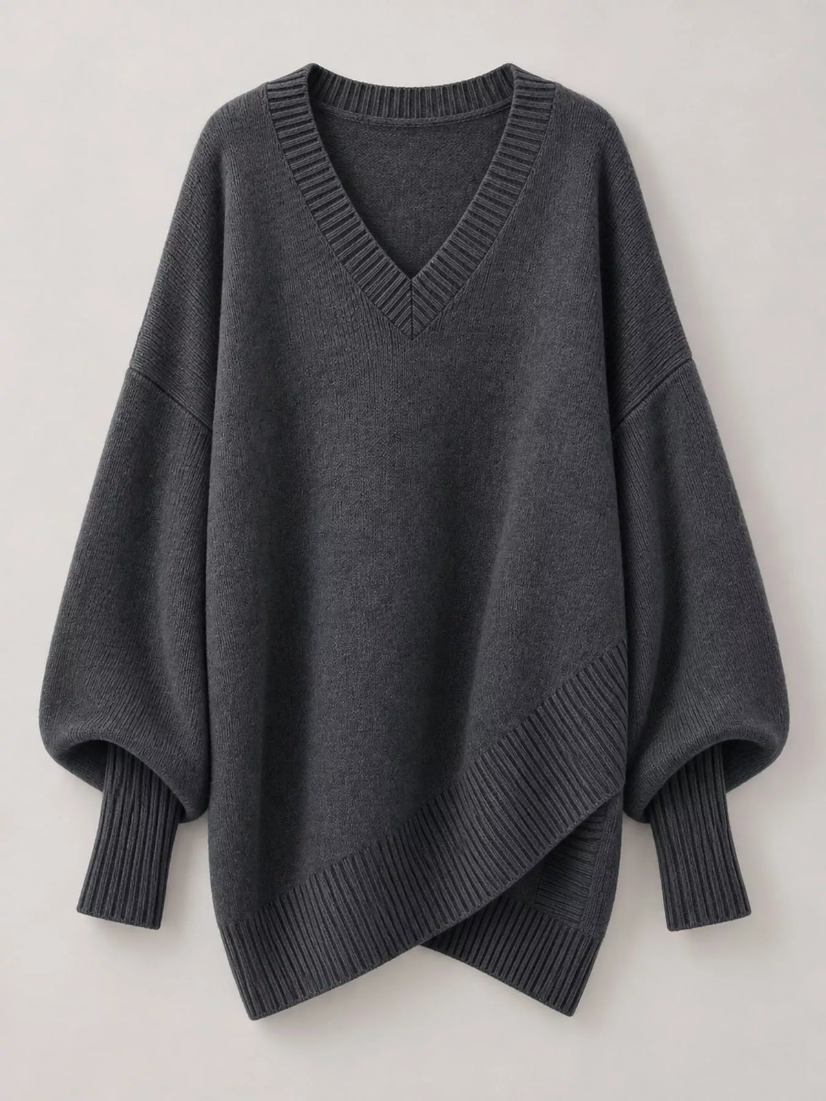 Batwing sweater, gray flat lay