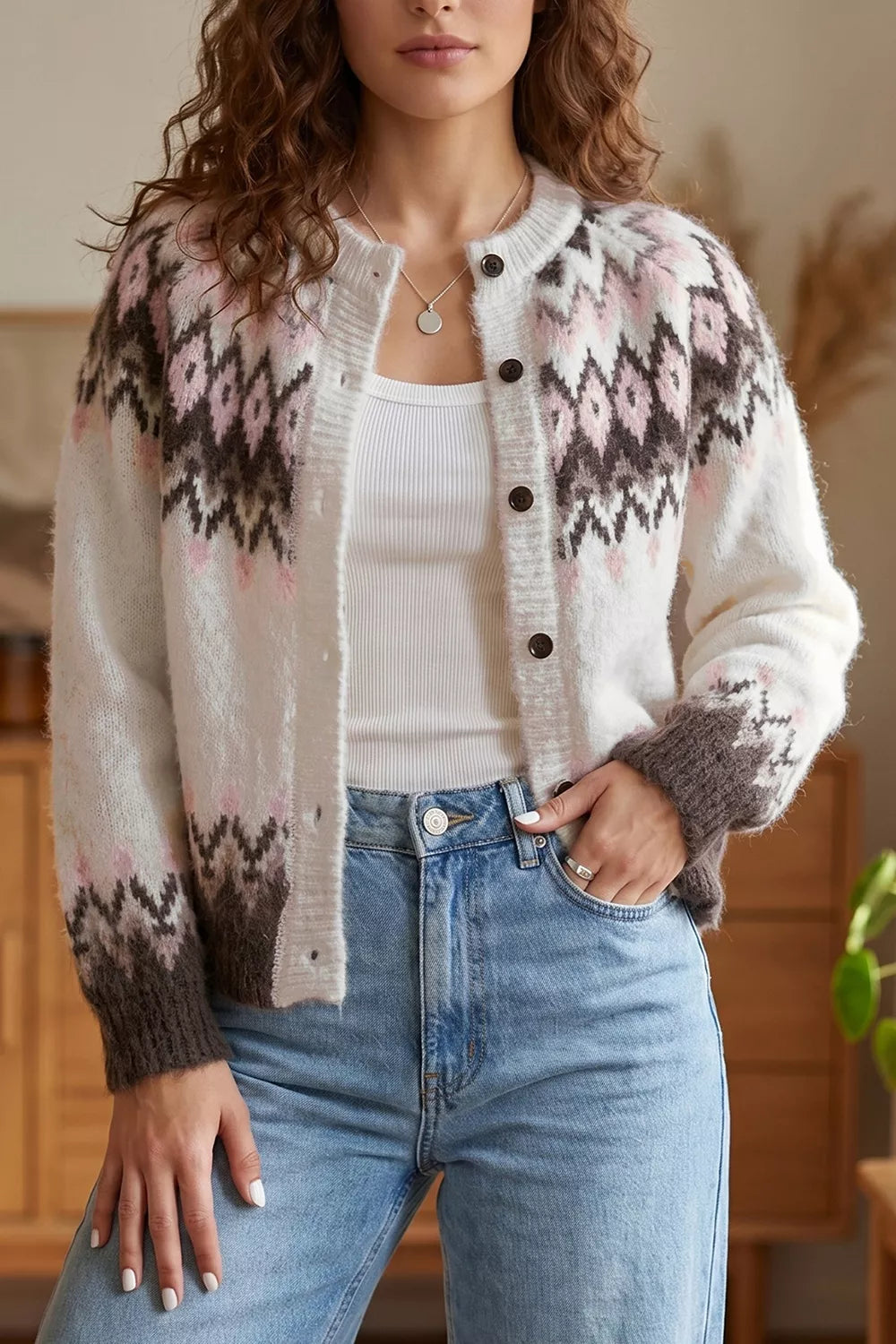 Trendsi Geometric Pattern Brushed Knit Button Cardigan -