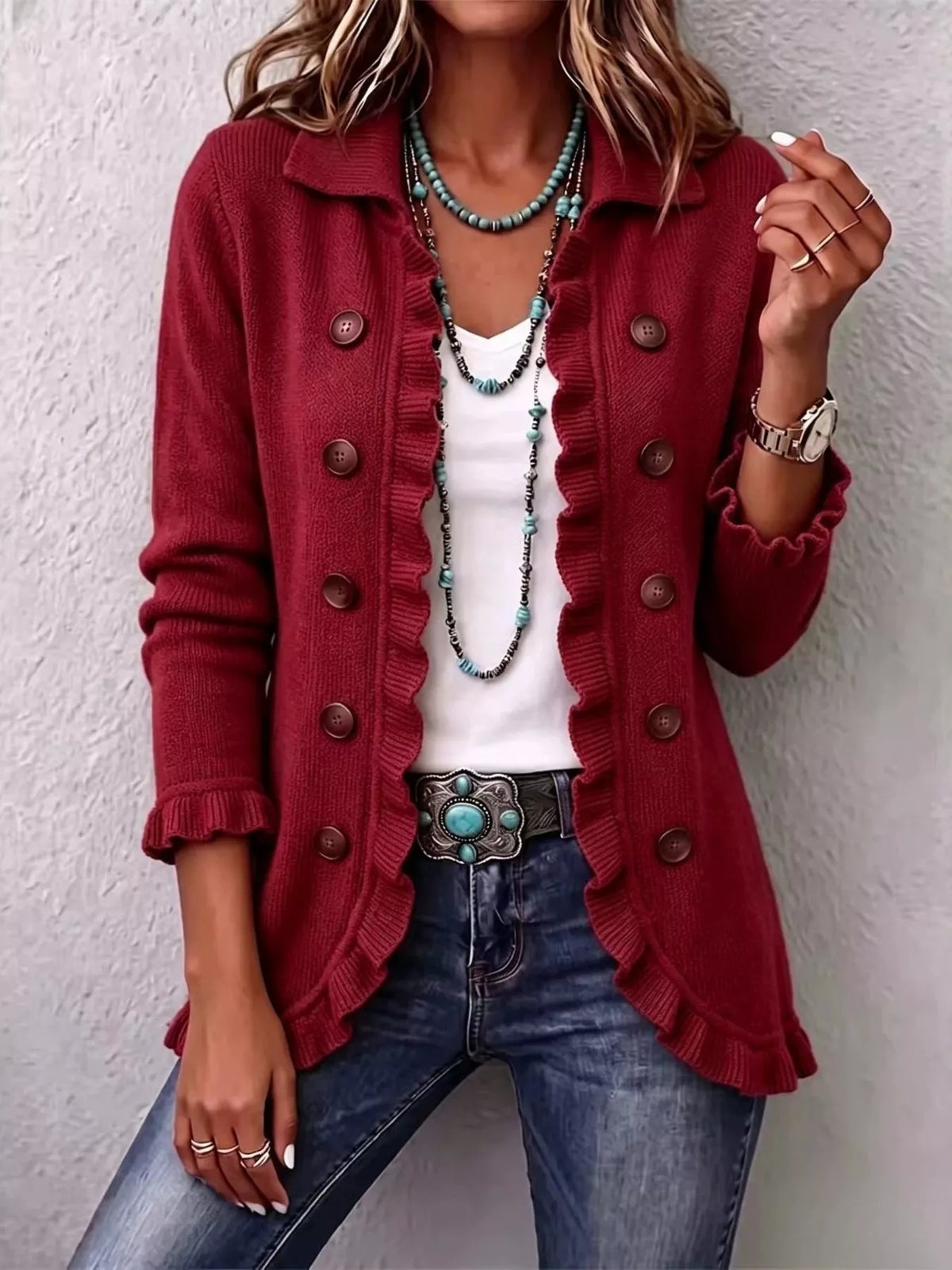 Red ruffle-trim button-front cardigan