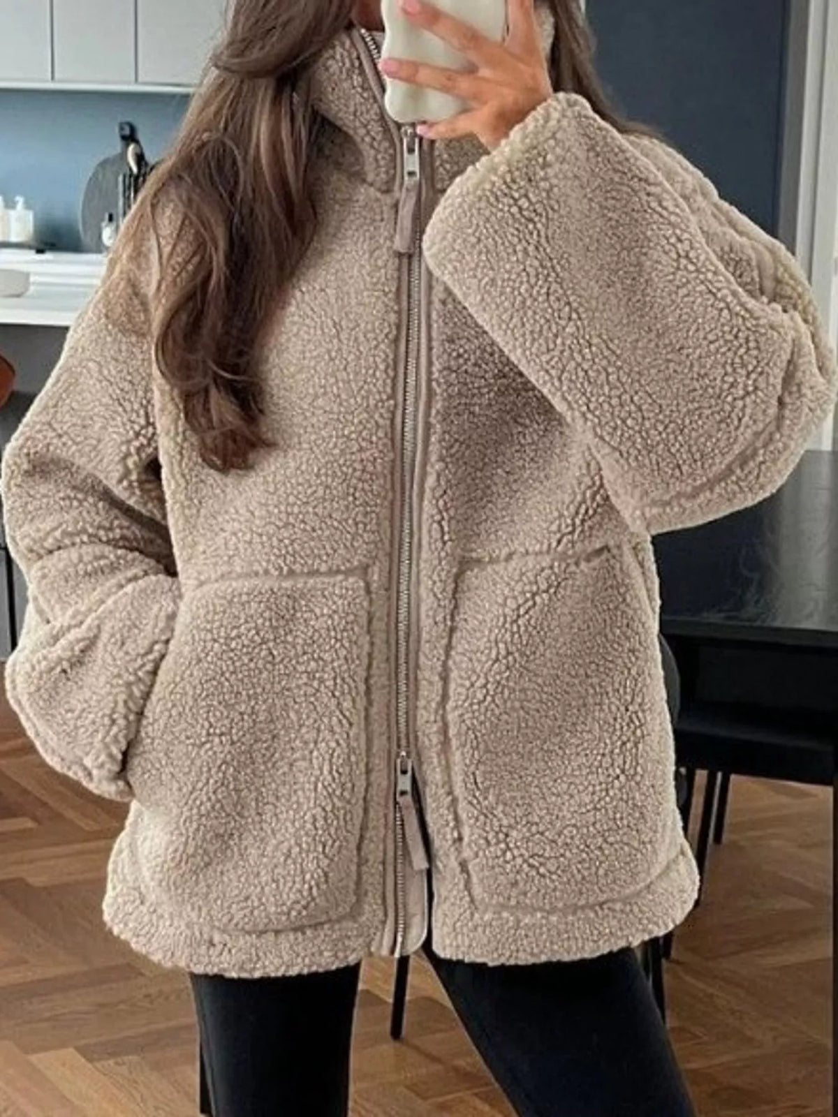 Taupe sherpa zip-up jacket