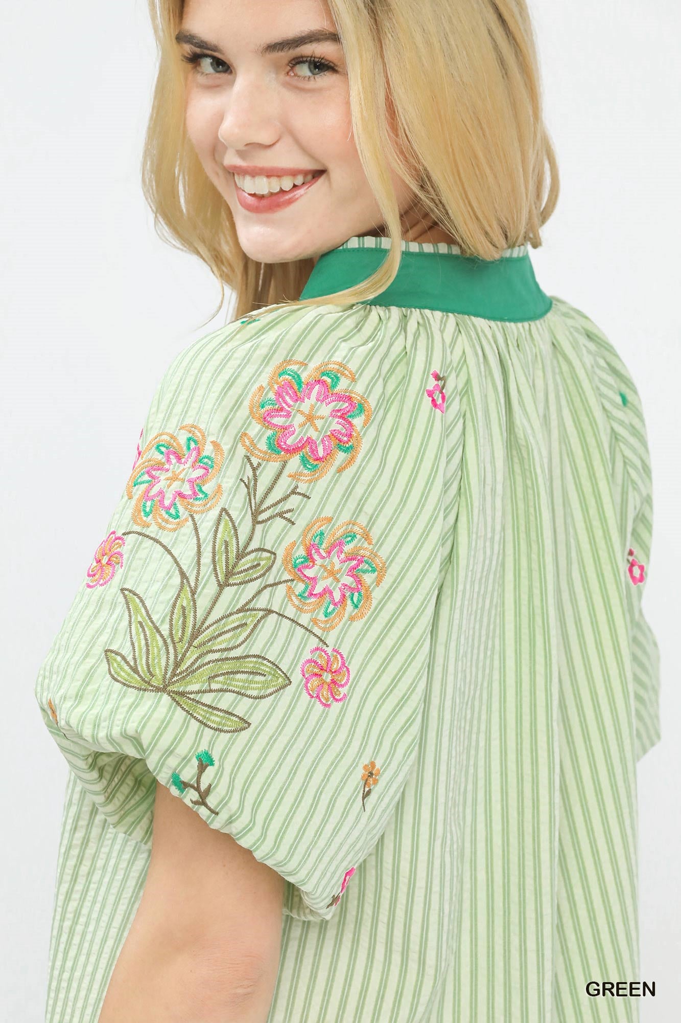 Women's Striped V-Neck Top With Floral Embroidery and Button Placket — product view 6