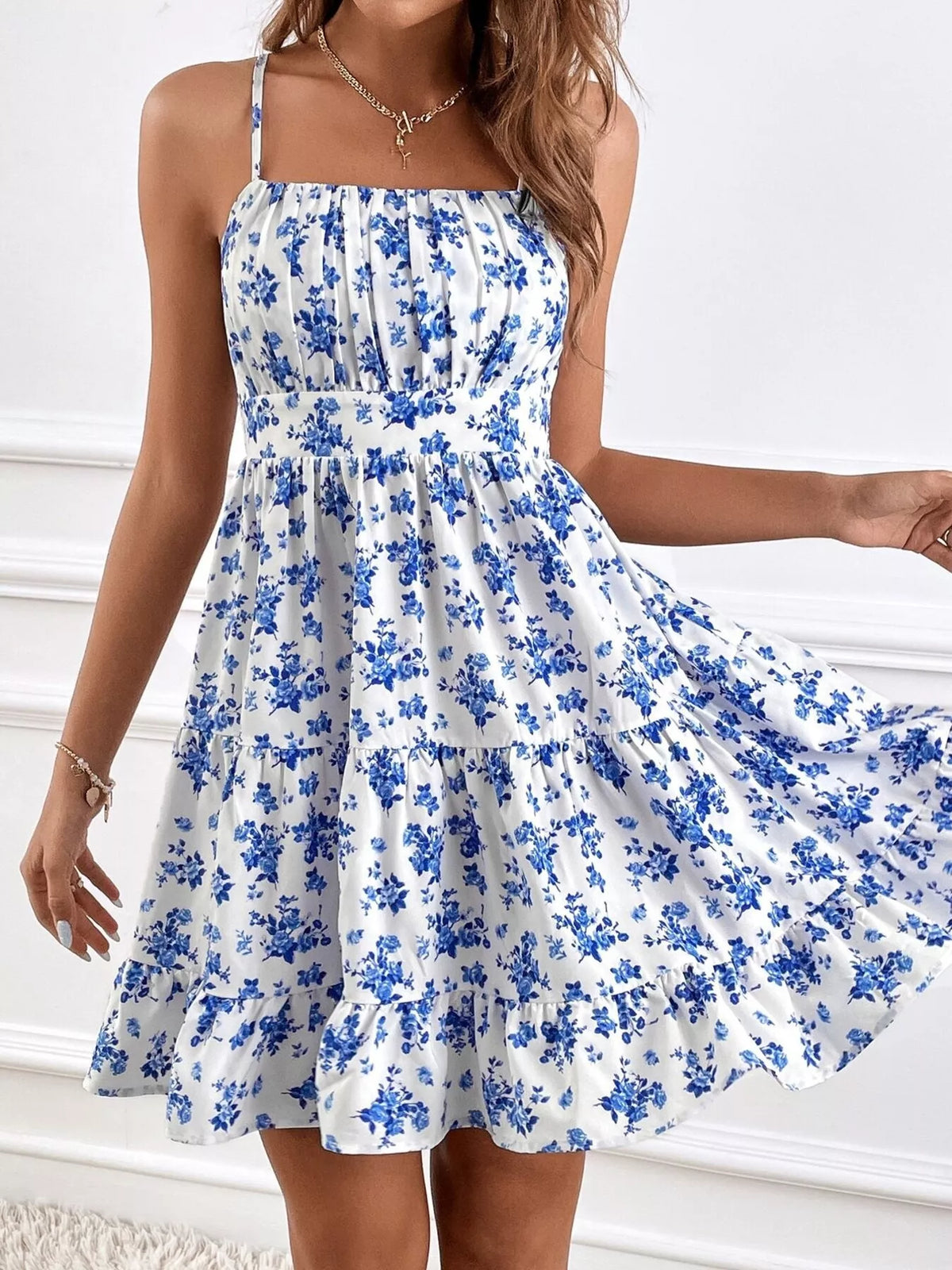 Women's Floral Print Spaghetti Strap Tiered Mini Dress in Sky Blue, front view