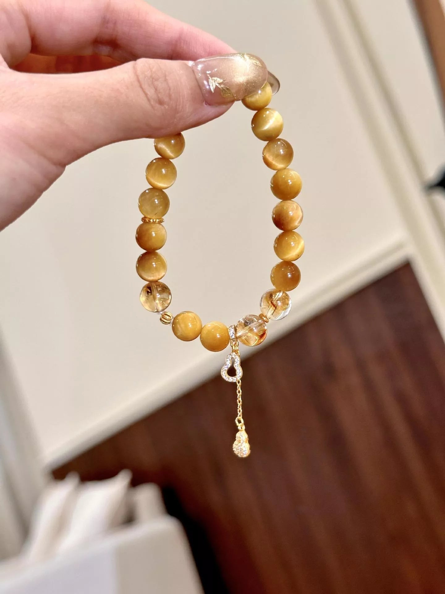Trendsi Tiger Eye Beaded Bracelet with Gourd Charm -