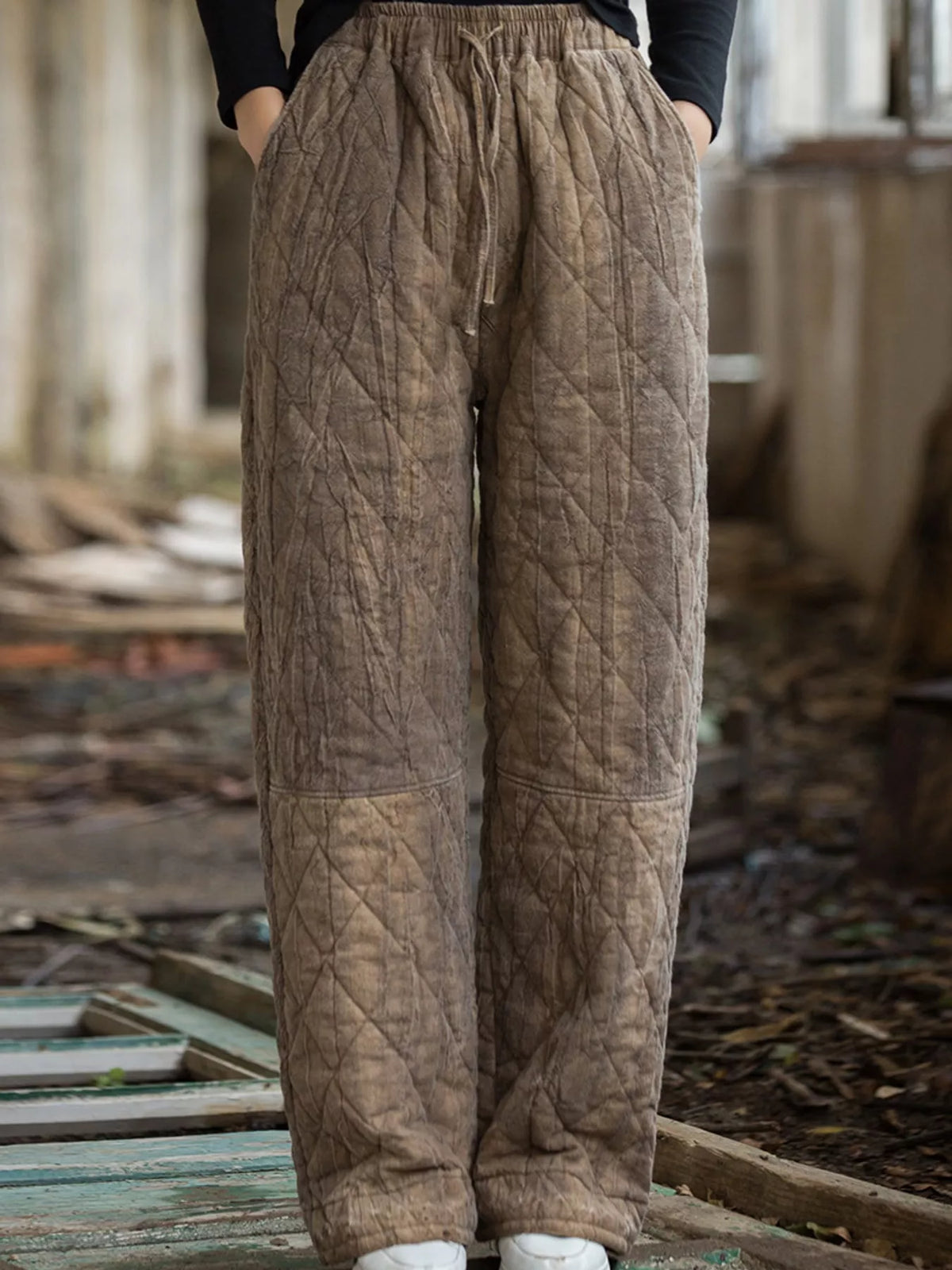 Brown quilted wide-leg pants