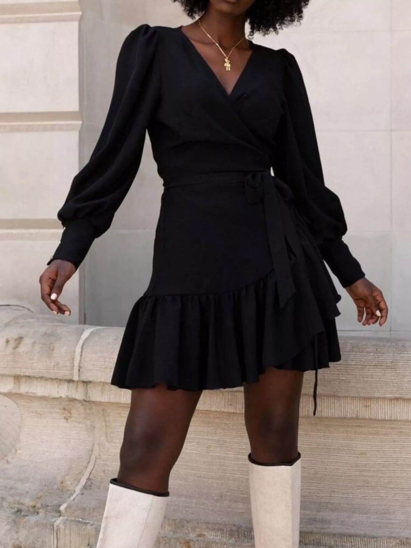 Trendsi Printed Surplice Long Sleeve Wrap Mini Dress -