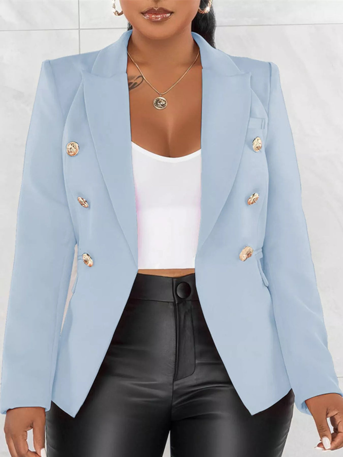 Collared long sleeve blazer, front view on model