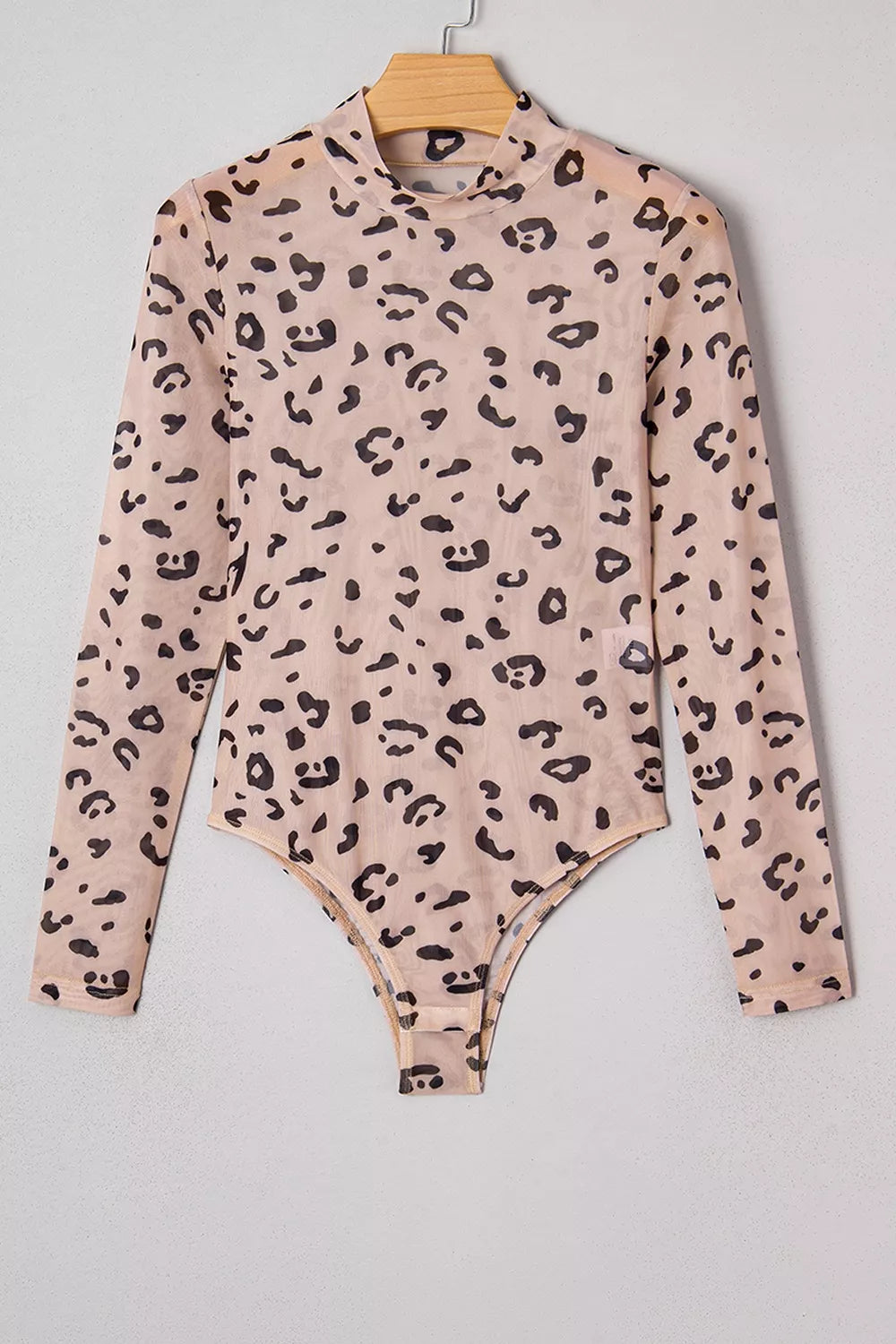 Trendsi Mock Neck Sheer Mesh Leopard Long Sleeve Bodysuit -