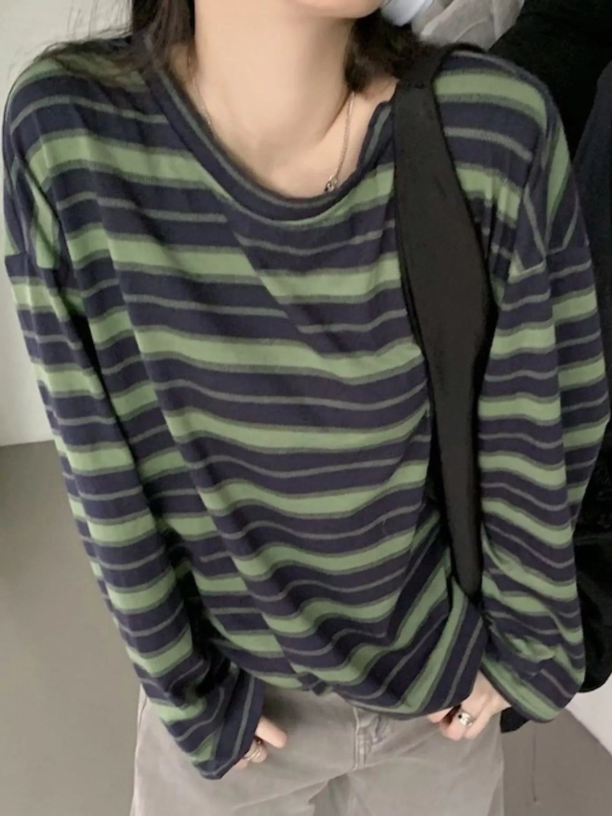 Green striped oversized T-shirt, front view