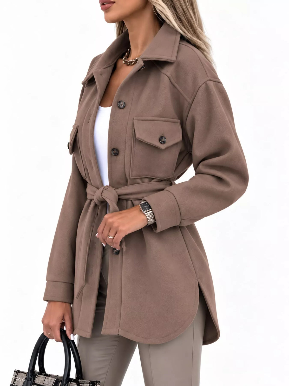 Belted Button-Down Shirt Jacket — side view