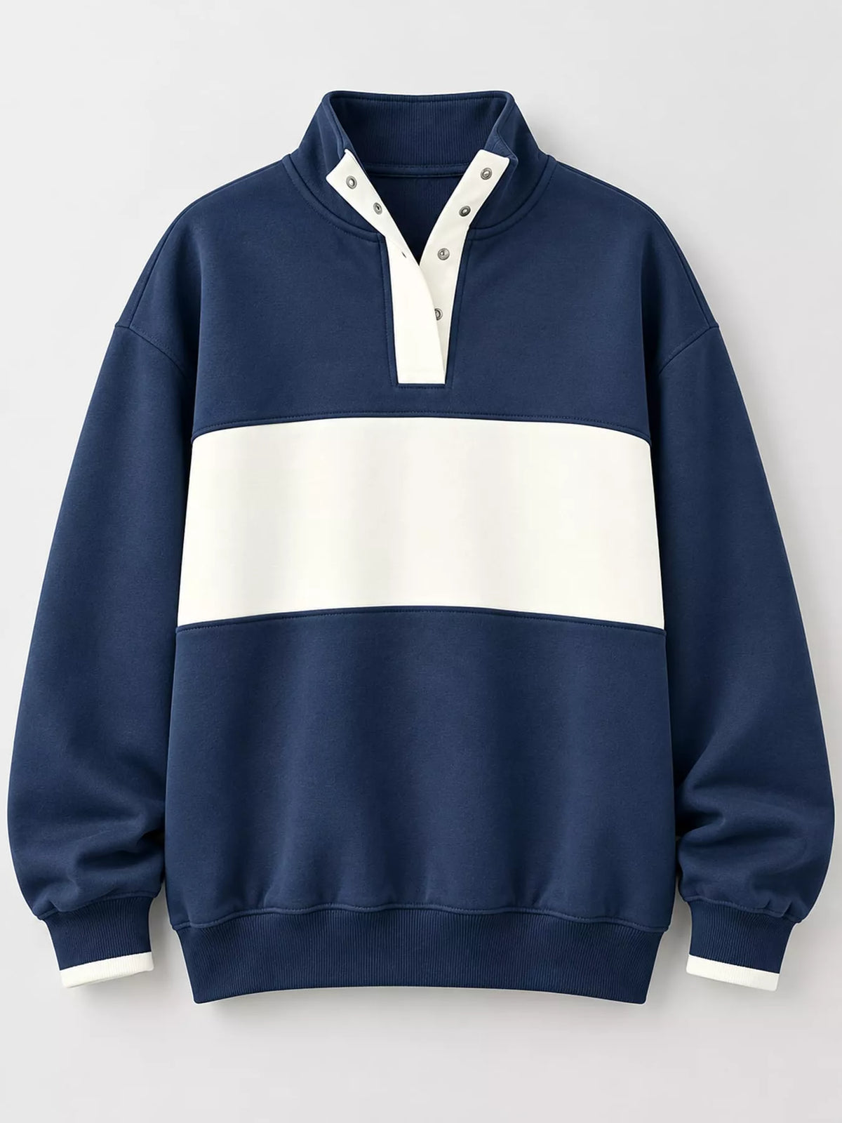 Navy and cream color block snap-button sweatshirt