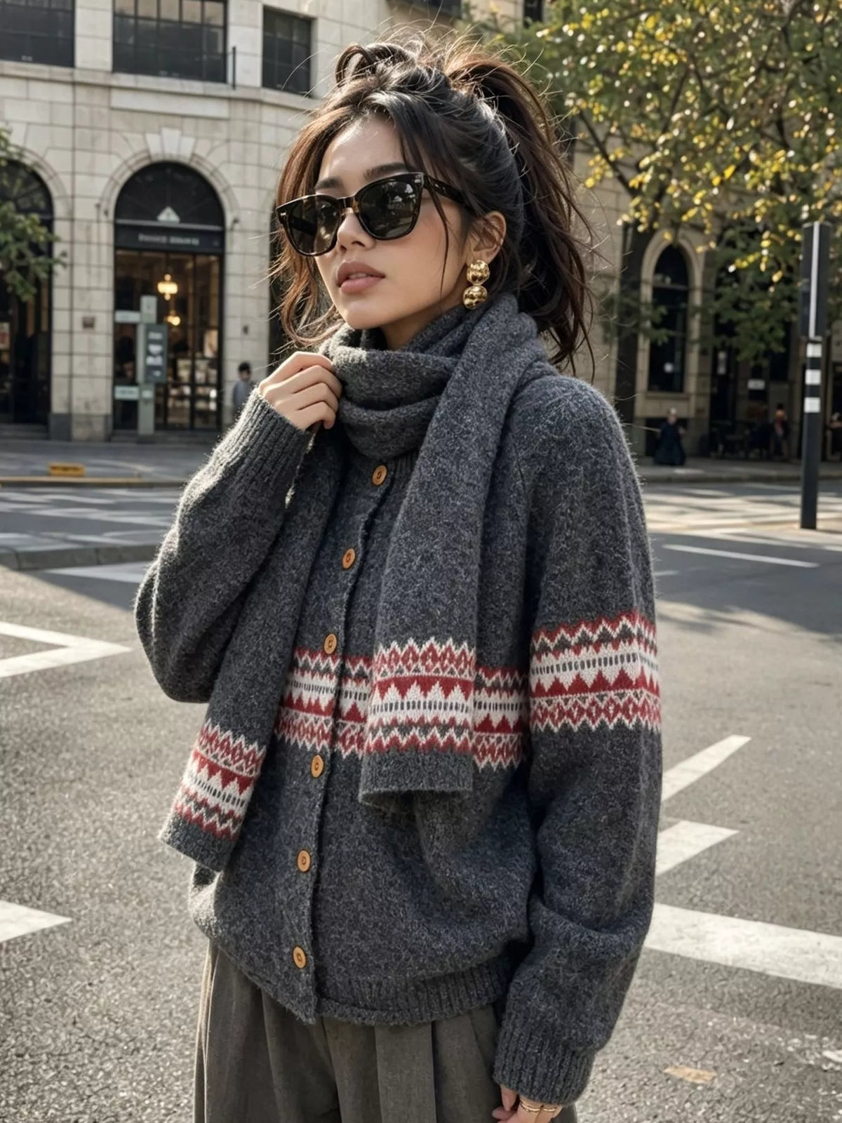 Charcoal geometric button-front knit cardigan, angled front view with scarf.